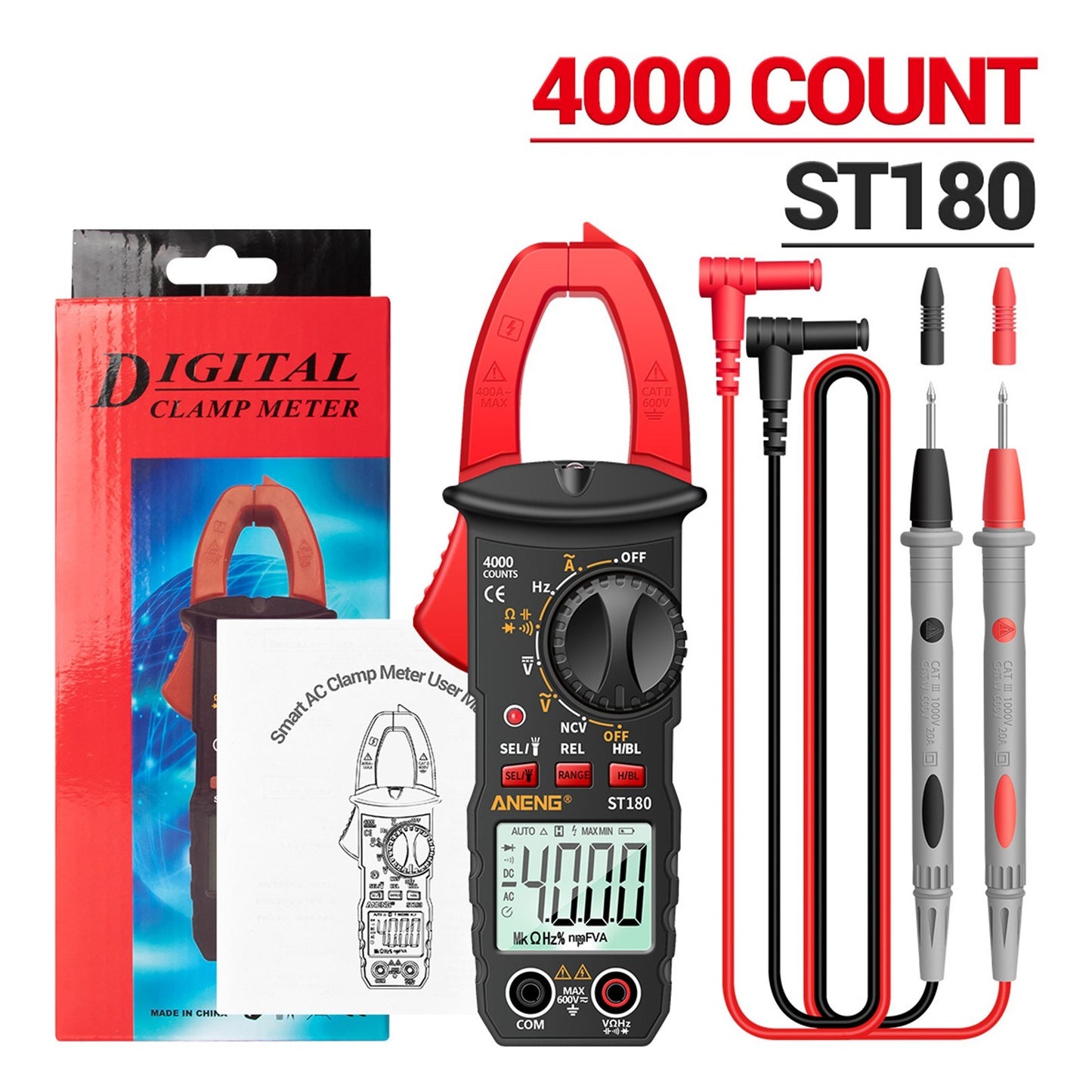 ANENG ST180 Digital Clamp Multimeter: 4000 Counts, AC/DC Voltage/Current, NCV, Temperature -30~1000℃, Resistance, Capacitance, Frequency, Diode Tester