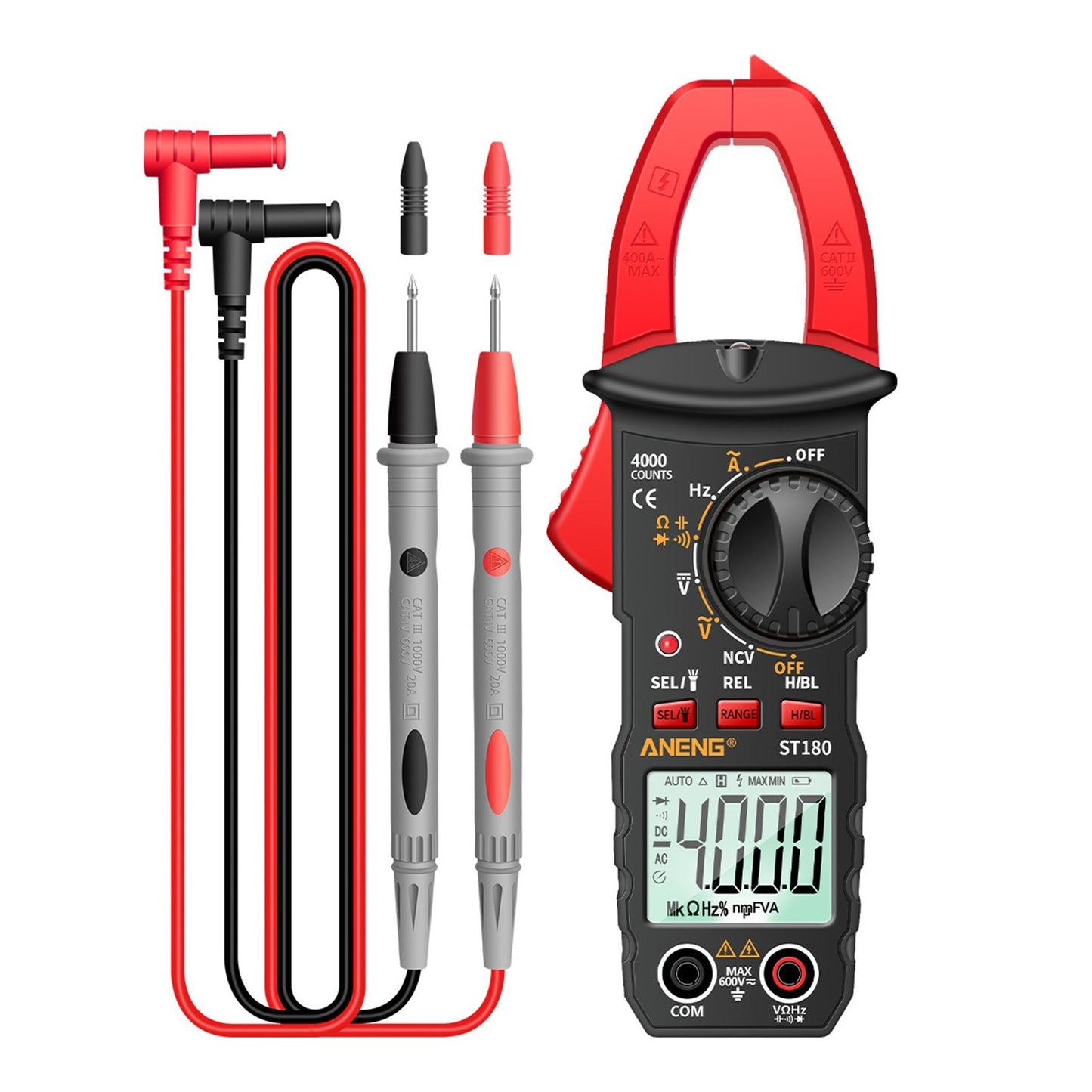 ANENG ST180 Digital Clamp Multimeter: 4000 Counts, AC/DC Voltage/Current, NCV, Temperature -30~1000℃, Resistance, Capacitance, Frequency, Diode Tester