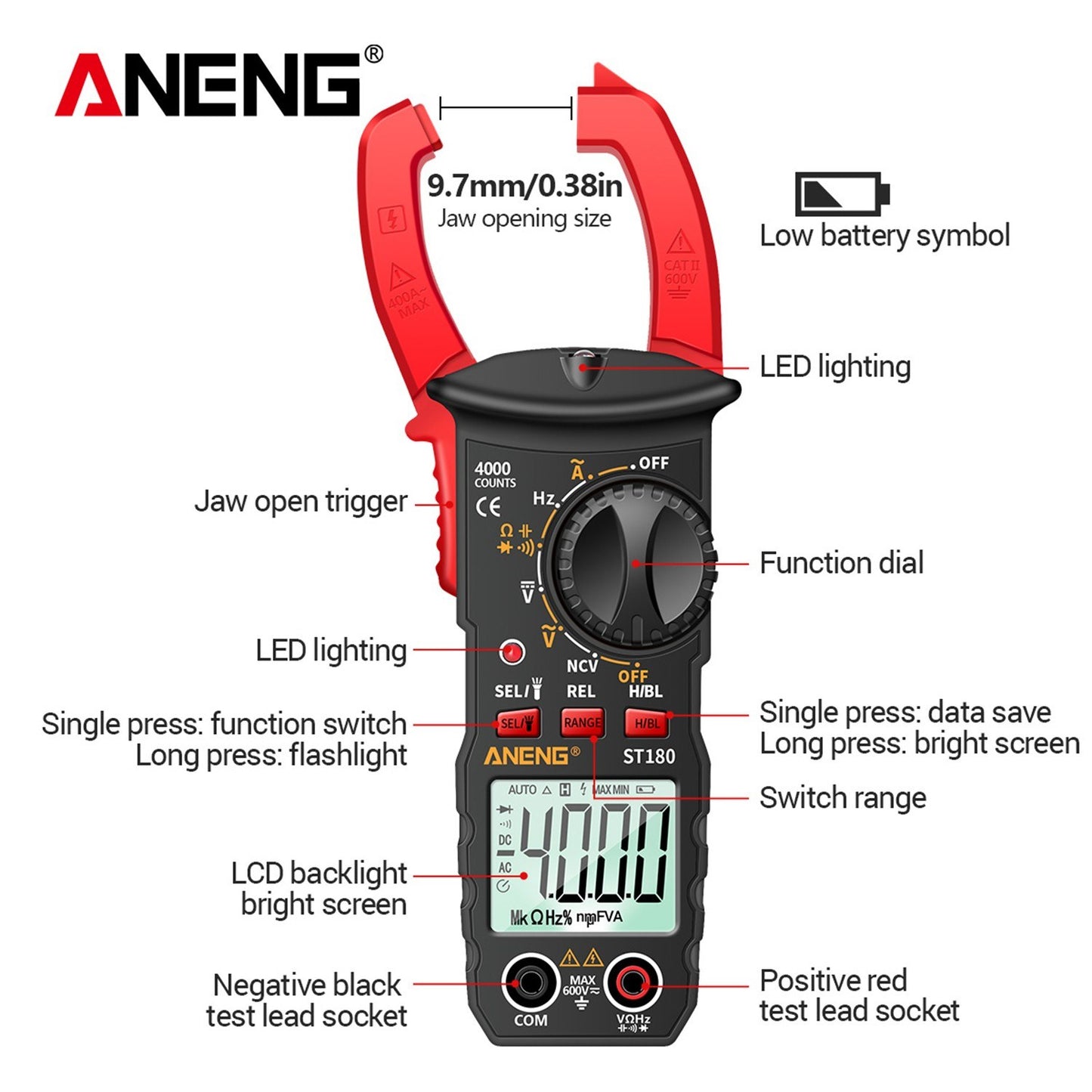 ANENG ST180 Digital Clamp Multimeter: 4000 Counts, AC/DC Voltage/Current, NCV, Temperature -30~1000℃, Resistance, Capacitance, Frequency, Diode Tester