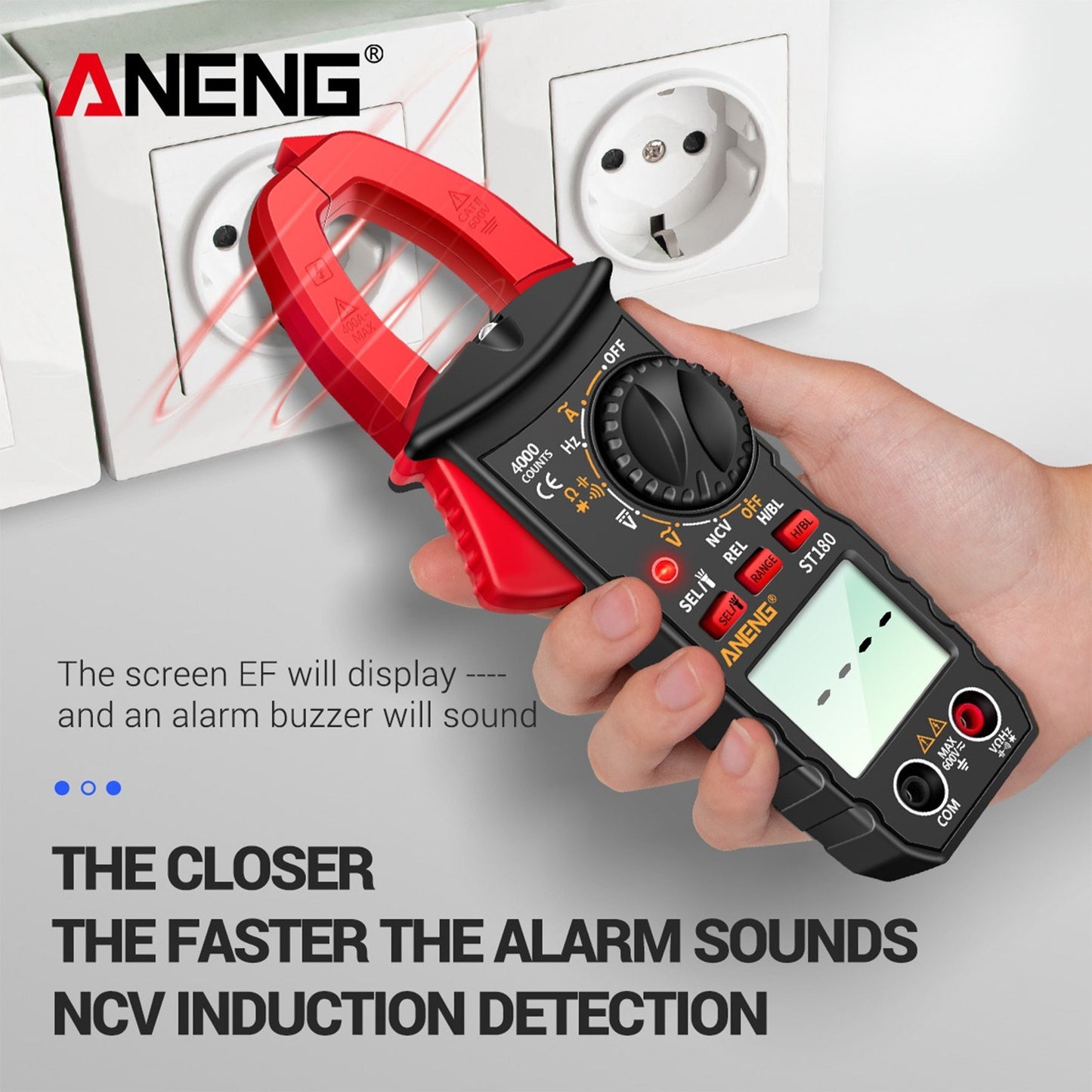 ANENG ST180 Digital Clamp Multimeter: 4000 Counts, AC/DC Voltage/Current, NCV, Temperature -30~1000℃, Resistance, Capacitance, Frequency, Diode Tester