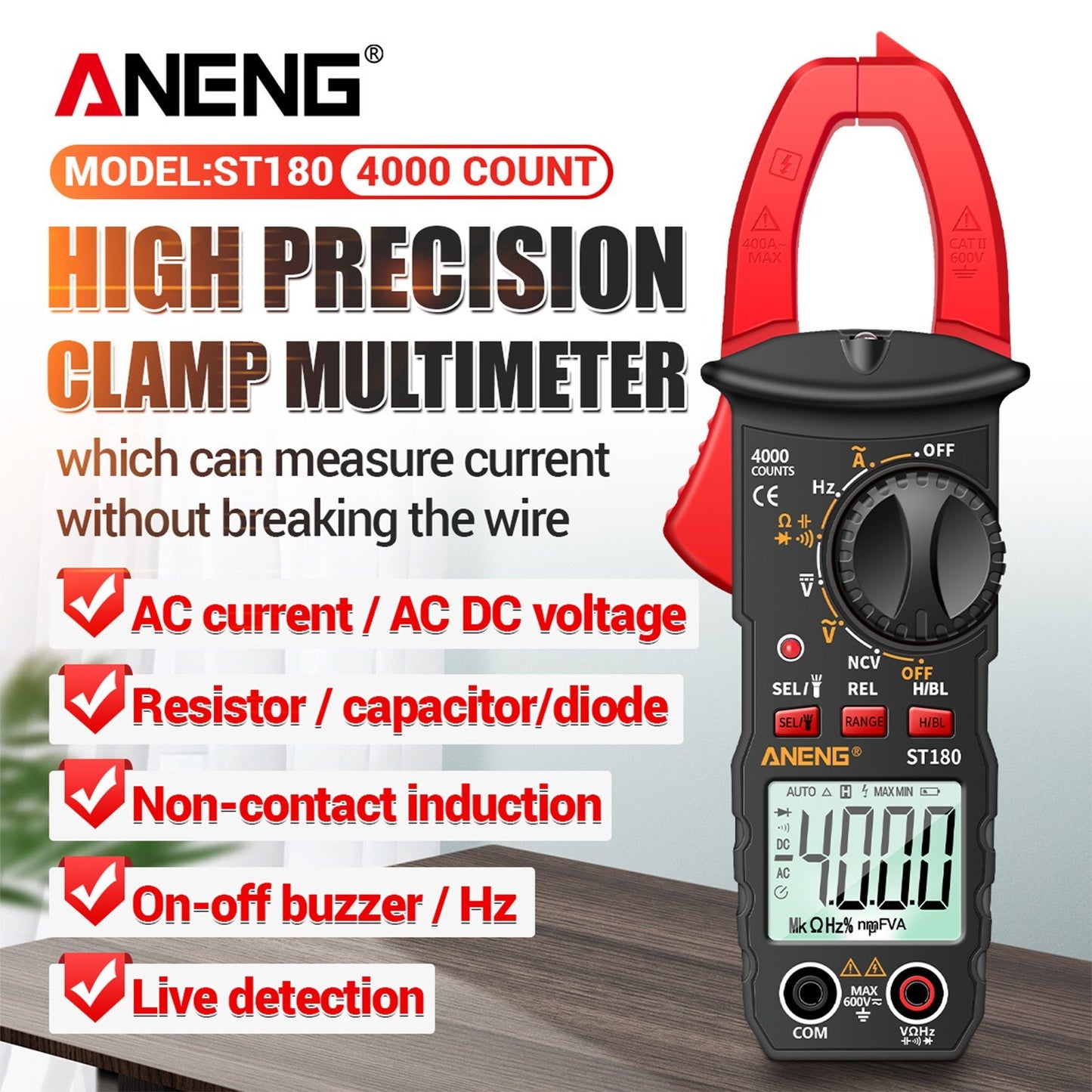 ANENG ST180 Digital Clamp Multimeter: 4000 Counts, AC/DC Voltage/Current, NCV, Temperature -30~1000℃, Resistance, Capacitance, Frequency, Diode Tester