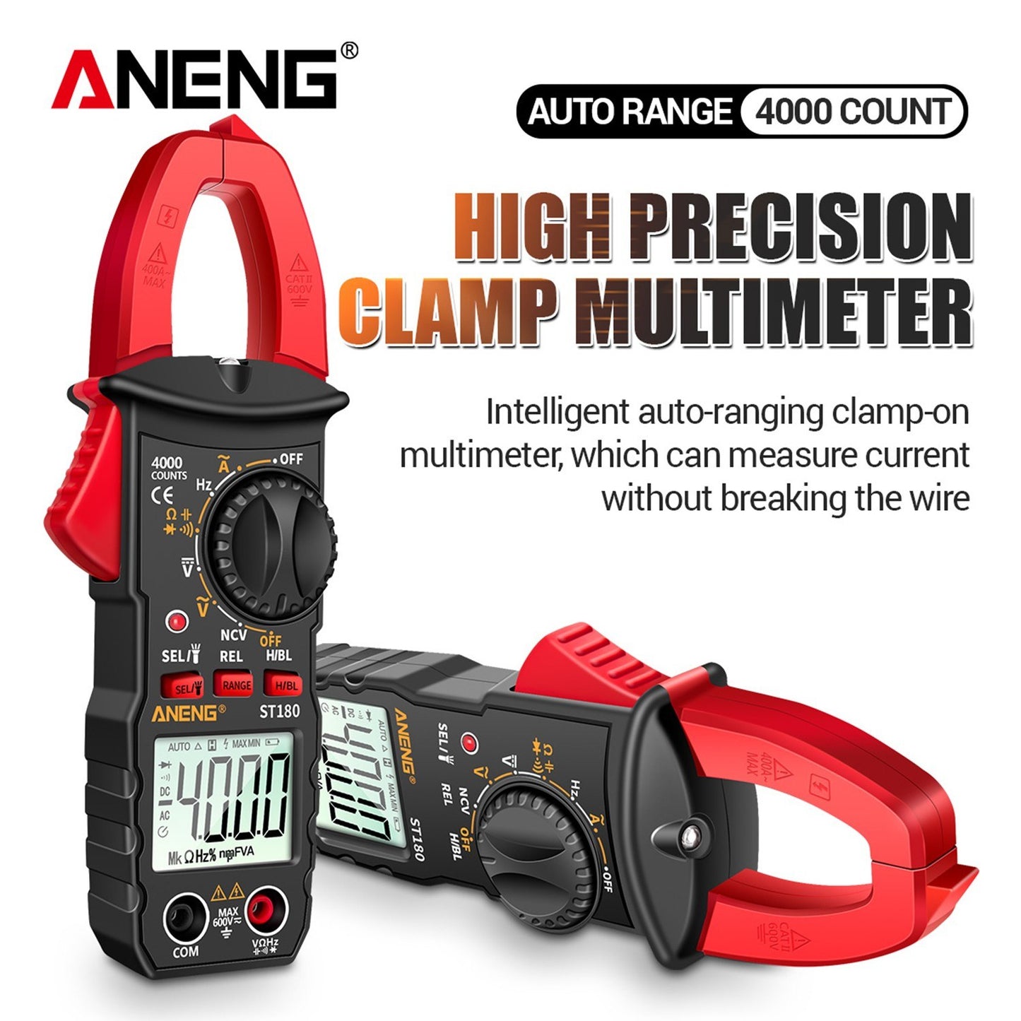 ANENG ST180 Digital Clamp Multimeter: 4000 Counts, AC/DC Voltage/Current, NCV, Temperature -30~1000℃, Resistance, Capacitance, Frequency, Diode Tester