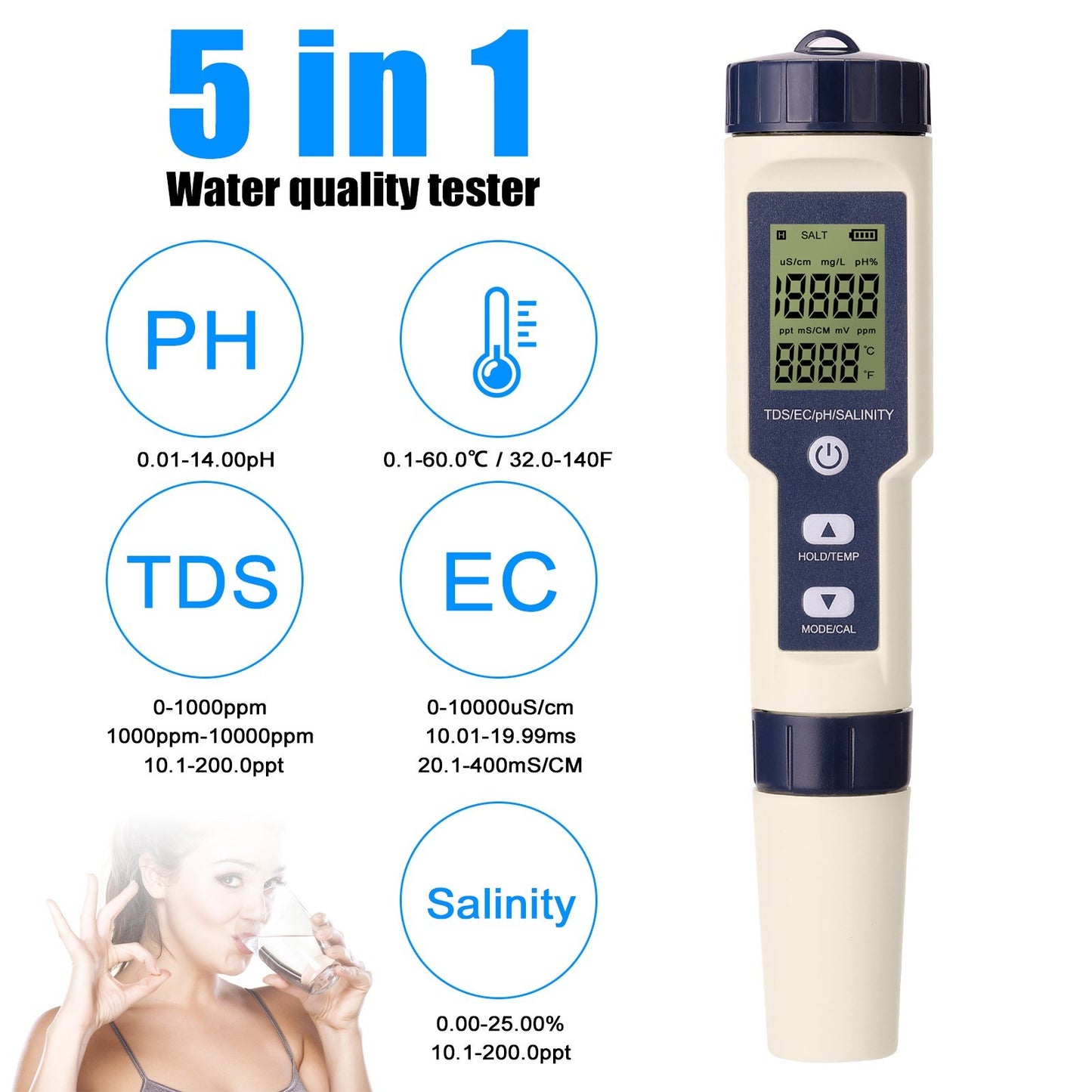 5-in-1 Professional Multi-Parameter Water Quality Meter: PH, EC, TDS, Salinity, Thermometer Tester