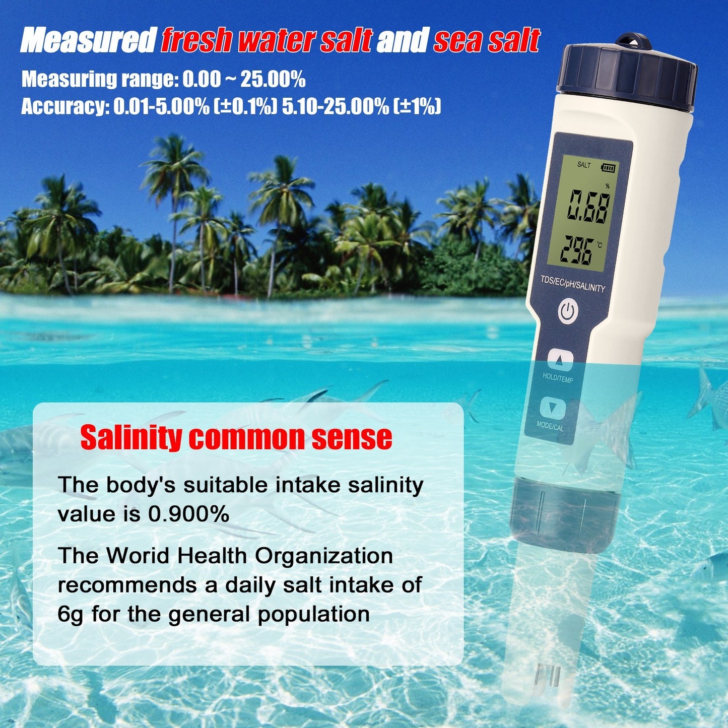 5-in-1 Professional Multi-Parameter Water Quality Meter: PH, EC, TDS, Salinity, Thermometer Tester