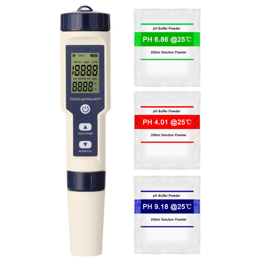 5-in-1 Professional Multi-Parameter Water Quality Meter: PH, EC, TDS, Salinity, Thermometer Tester