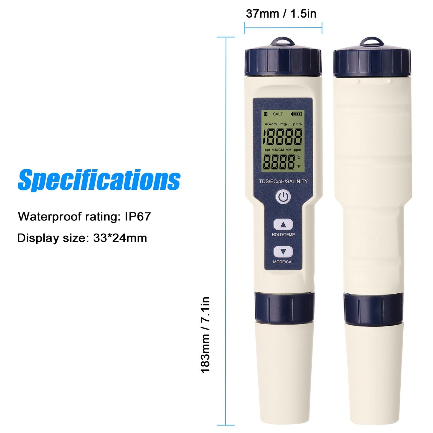 5-in-1 Professional Multi-Parameter Water Quality Meter: PH, EC, TDS, Salinity, Thermometer Tester