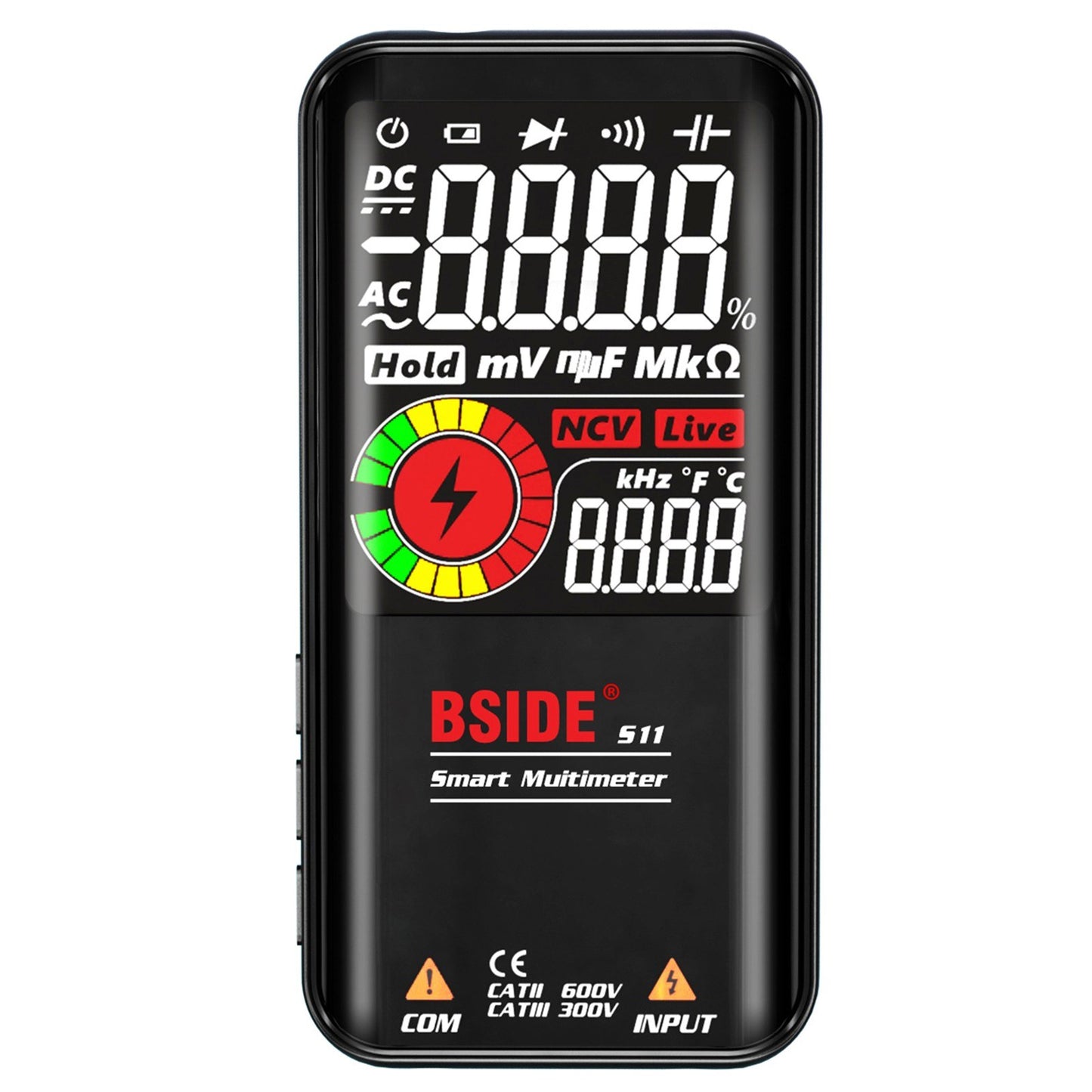 BSIDE S11 9999 Counts Rechargeable Digital Multimeter - LCD Display, Universal AC/DC Voltmeter, Ohmmeter, Capacitance, Frequency, Diode, Continuity, NCV, Flashlight, Data Hold