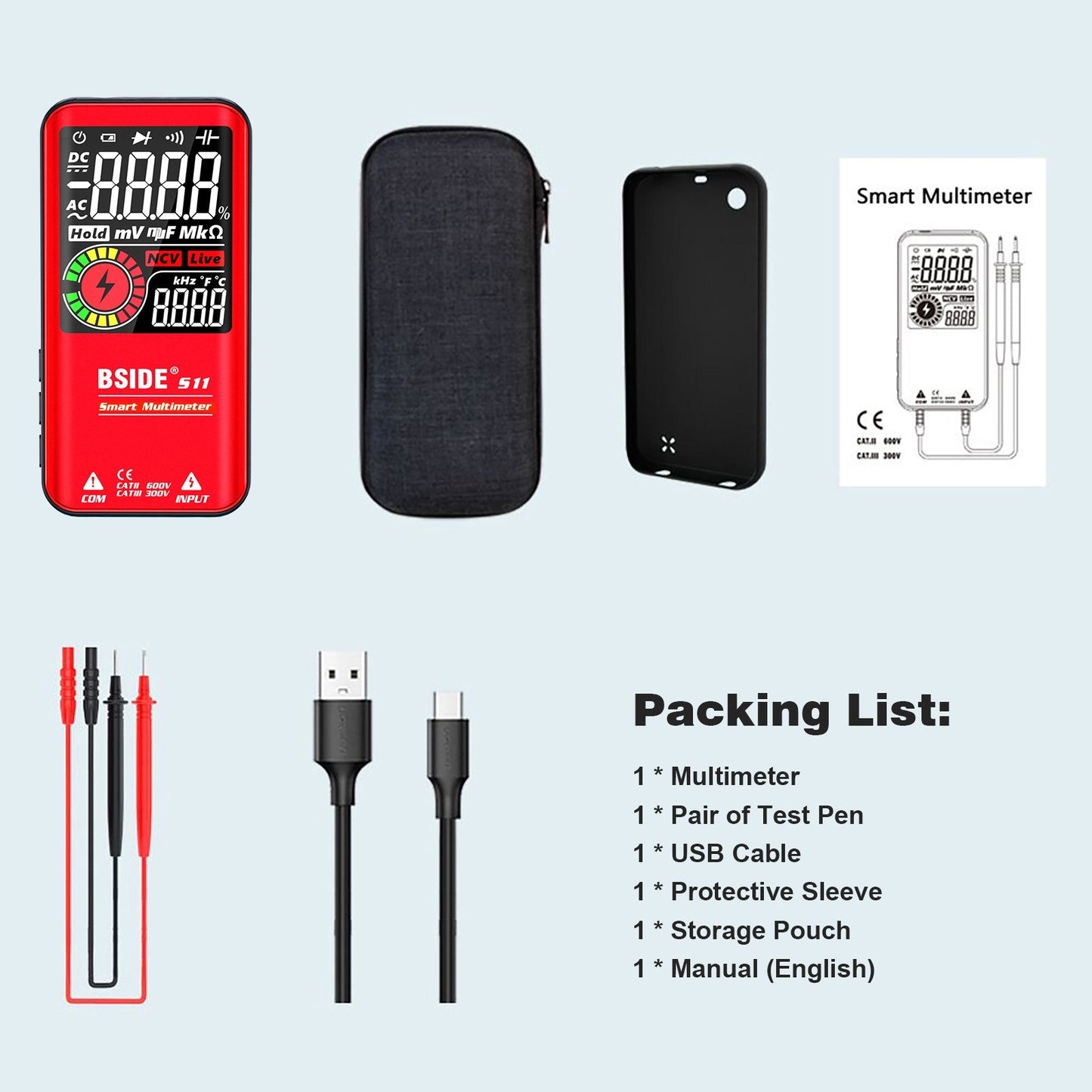 BSIDE S11 9999 Counts Rechargeable Digital Multimeter - LCD Display, Universal AC/DC Voltmeter, Ohmmeter, Capacitance, Frequency, Diode, Continuity, NCV, Flashlight, Data Hold