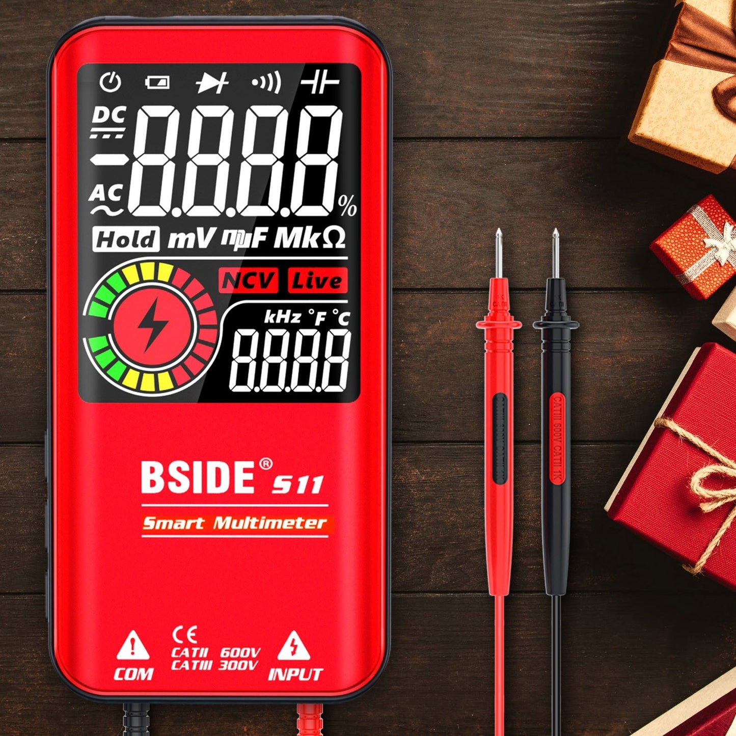 BSIDE S11 9999 Counts Rechargeable Digital Multimeter - LCD Display, Universal AC/DC Voltmeter, Ohmmeter, Capacitance, Frequency, Diode, Continuity, NCV, Flashlight, Data Hold