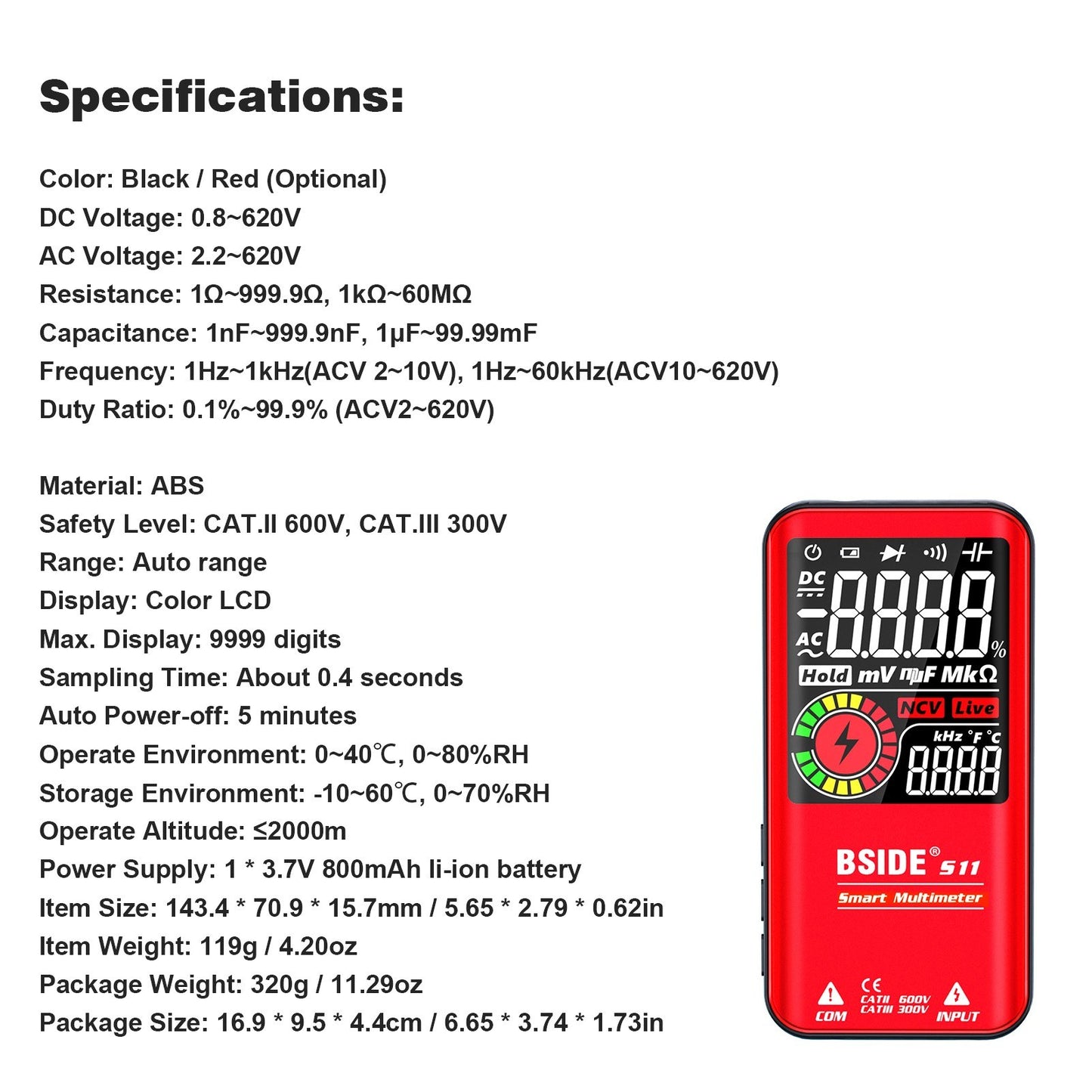 BSIDE S11 9999 Counts Rechargeable Digital Multimeter - LCD Display, Universal AC/DC Voltmeter, Ohmmeter, Capacitance, Frequency, Diode, Continuity, NCV, Flashlight, Data Hold