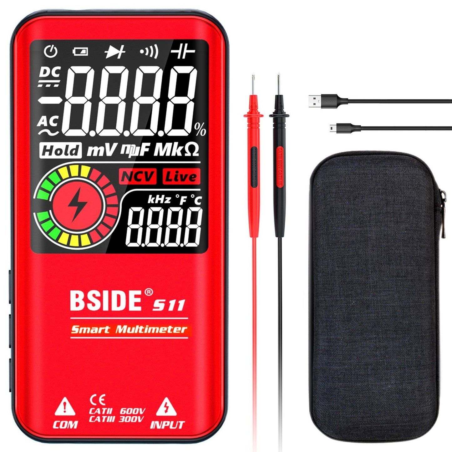 BSIDE S11 9999 Counts Rechargeable Digital Multimeter - LCD Display, Universal AC/DC Voltmeter, Ohmmeter, Capacitance, Frequency, Diode, Continuity, NCV, Flashlight, Data Hold