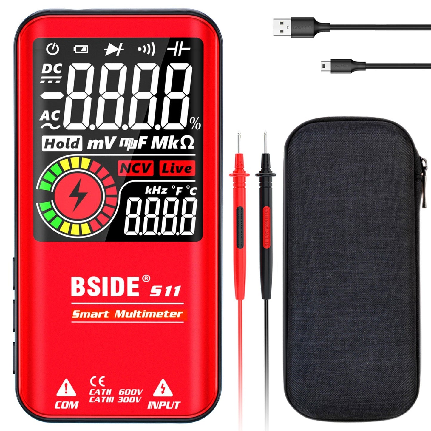 BSIDE S11 9999 Counts Rechargeable Digital Multimeter - LCD Display, Universal AC/DC Voltmeter, Ohmmeter, Capacitance, Frequency, Diode, Continuity, NCV, Flashlight, Data Hold