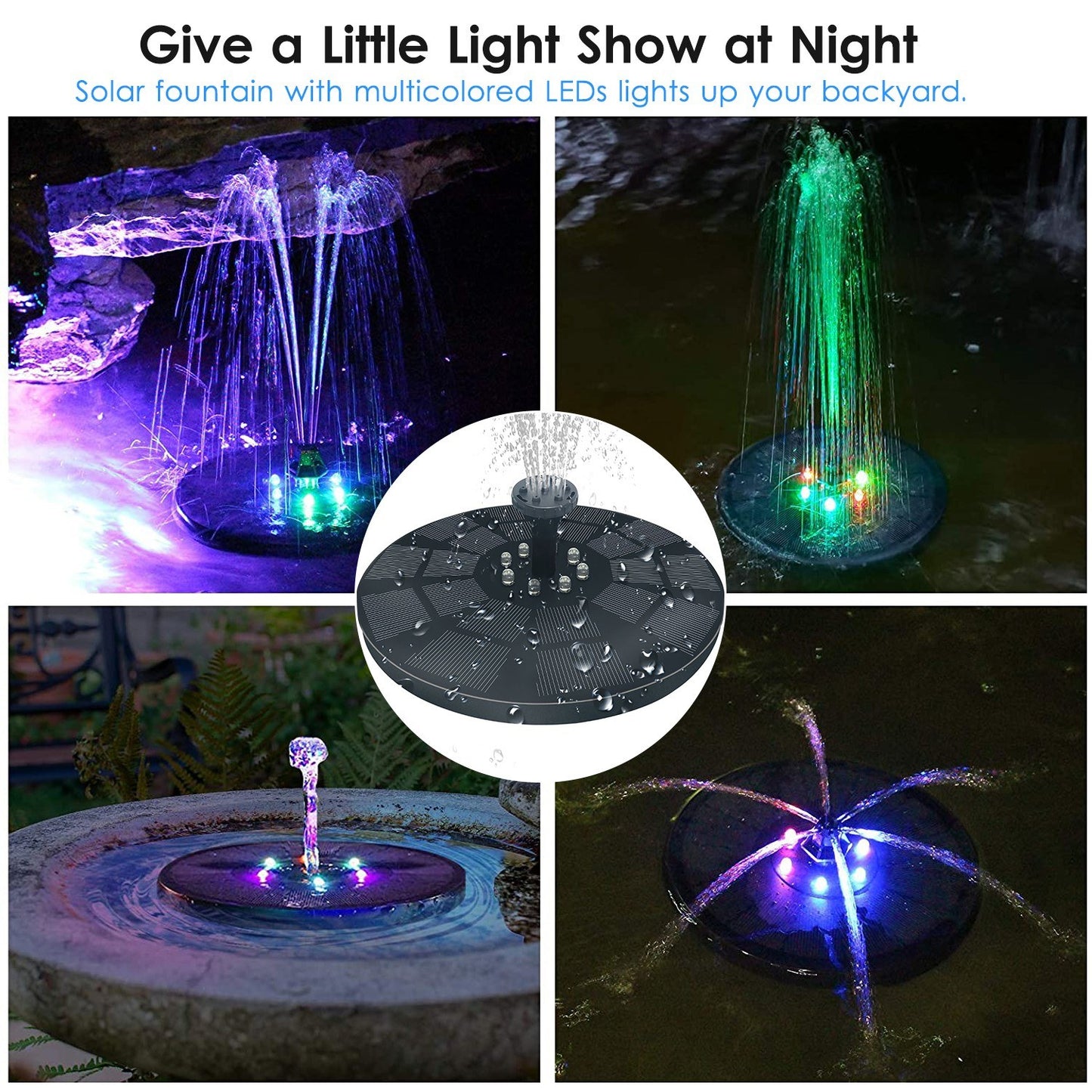 3W Solar Fountain Pump with 7 Spray Patterns & LED Lights, Battery Backup for Outdoor Bird Bath, Garden Pond, Pool, Fish Tank, Aquarium, & Pet