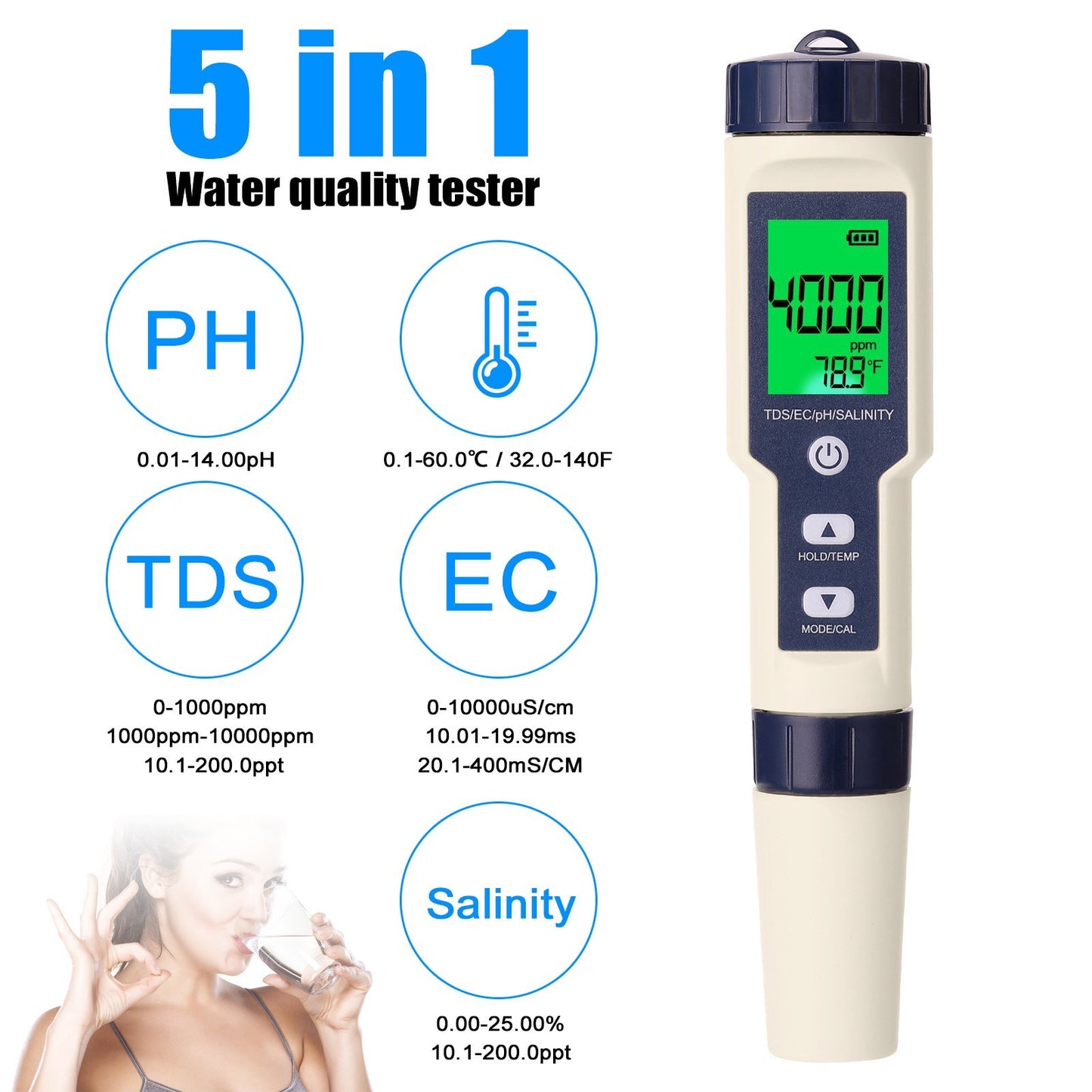 Digital 5-in-1 Multi-Parameter Water Quality Tester: PH, EC, TDS, Salinity & Thermometer