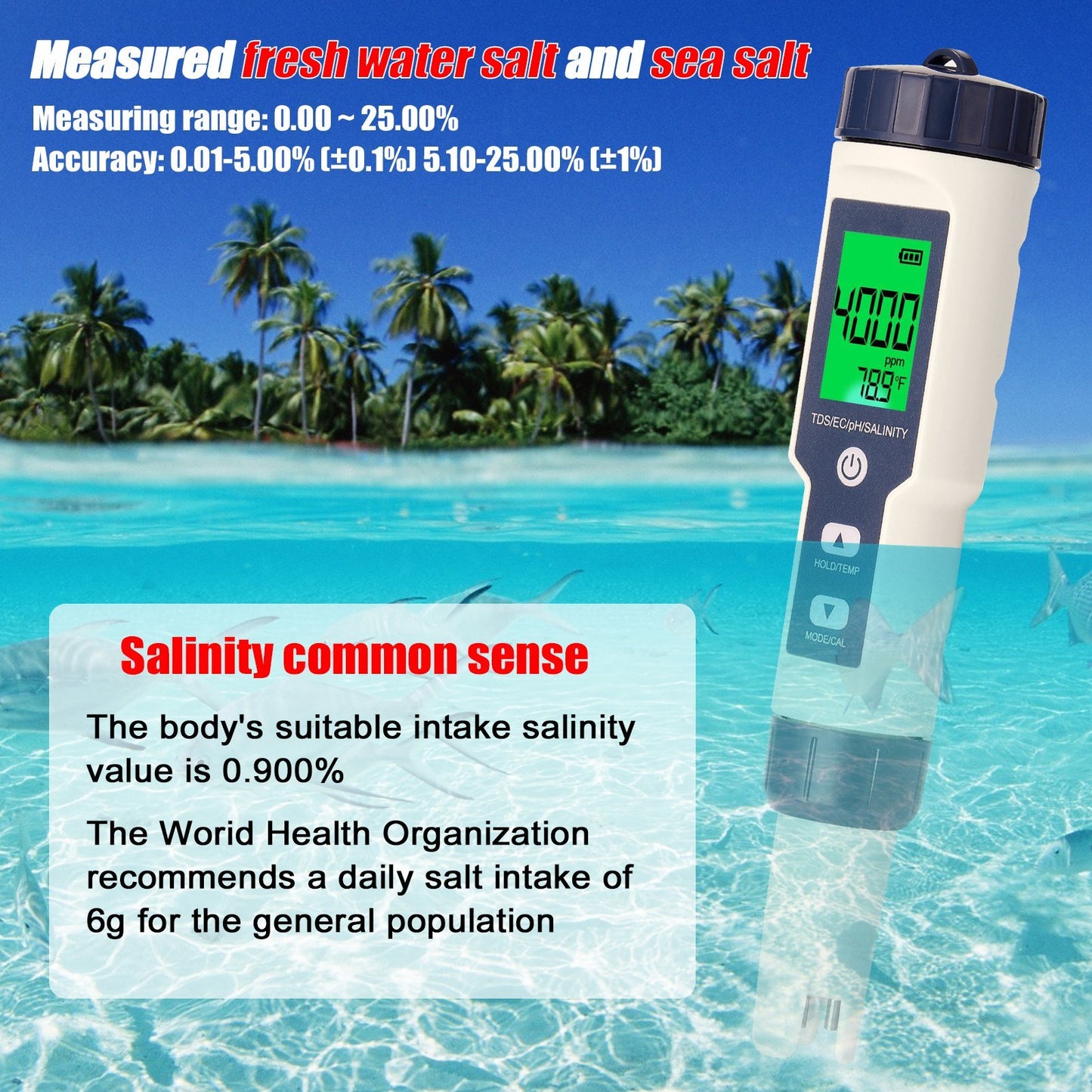 Digital 5-in-1 Multi-Parameter Water Quality Tester: PH, EC, TDS, Salinity & Thermometer