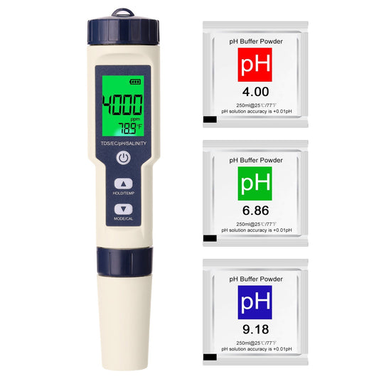 Digital 5-in-1 Multi-Parameter Water Quality Tester: PH, EC, TDS, Salinity & Thermometer