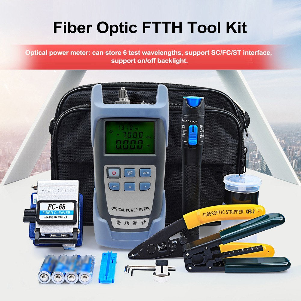 FTTH Fiber Optic Tool Kit: Optical Power Meter, Fiber Cleaver, Wire Stripper, Cold Connection Tools & Storage Bag
