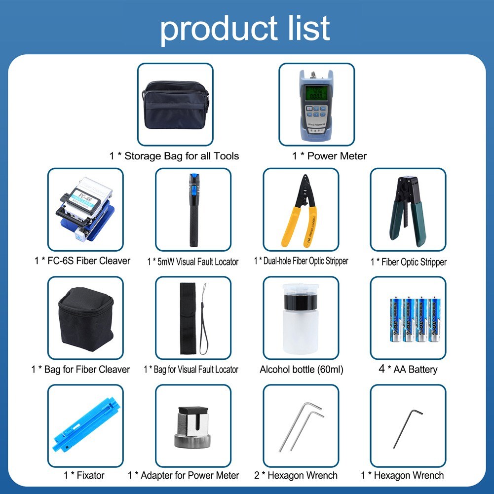 FTTH Fiber Optic Tool Kit: Optical Power Meter, Fiber Cleaver, Wire Stripper, Cold Connection Tools & Storage Bag