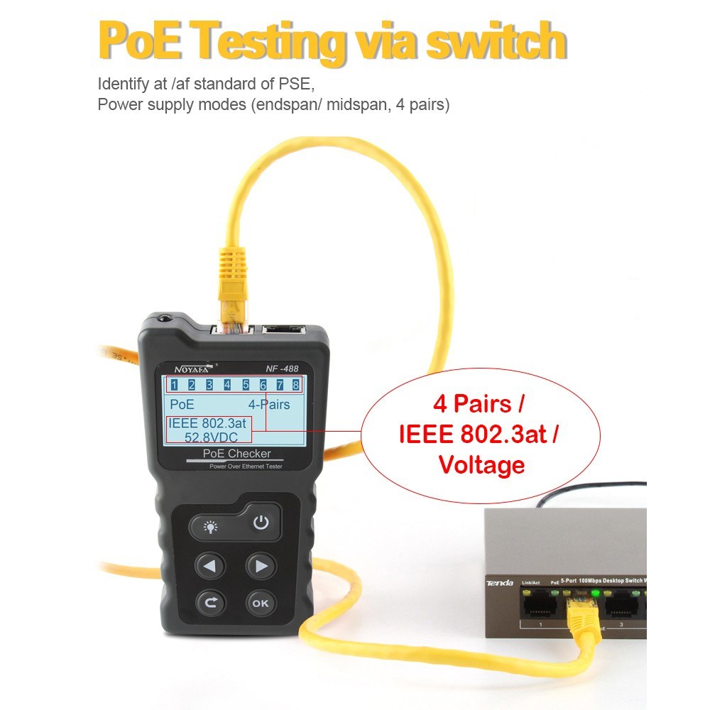 Multi-Functional PoE & Network Cable Tester with LCD Display and Inline Voltage/Current Checker