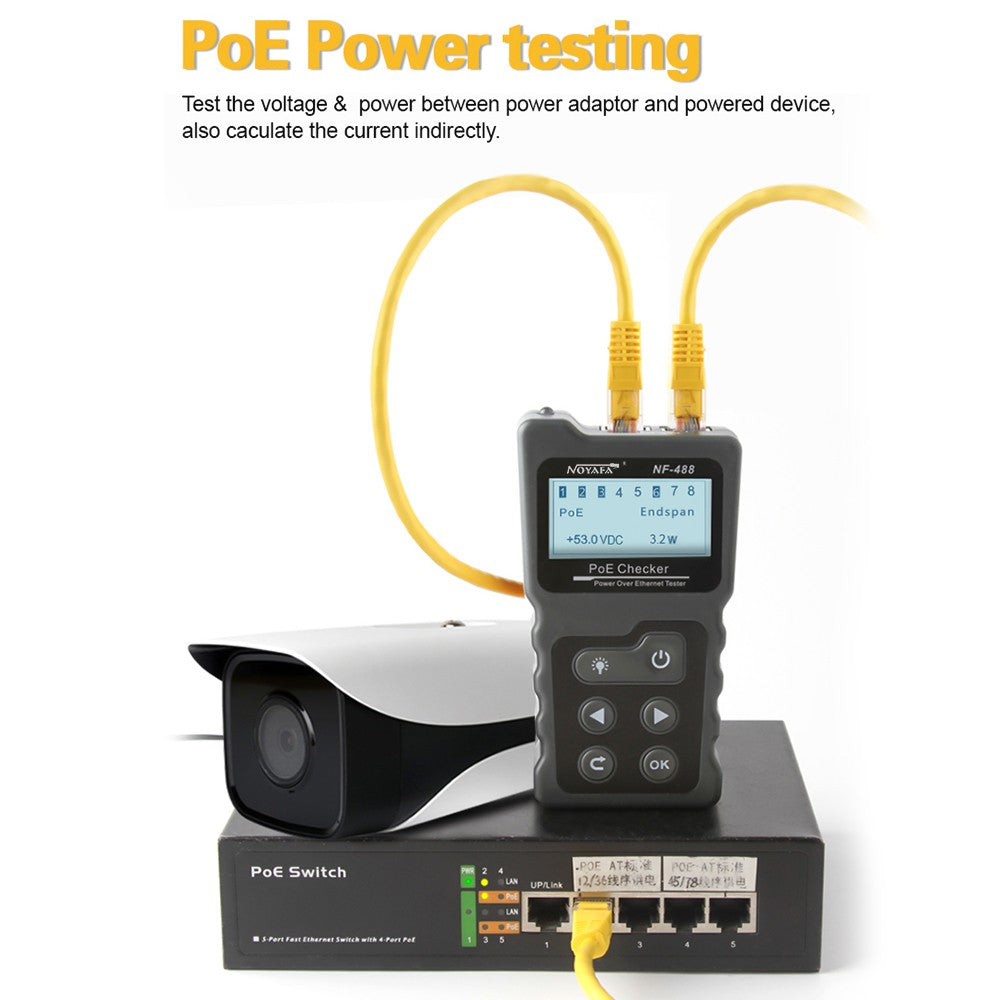 Multi-Functional PoE & Network Cable Tester with LCD Display and Inline Voltage/Current Checker