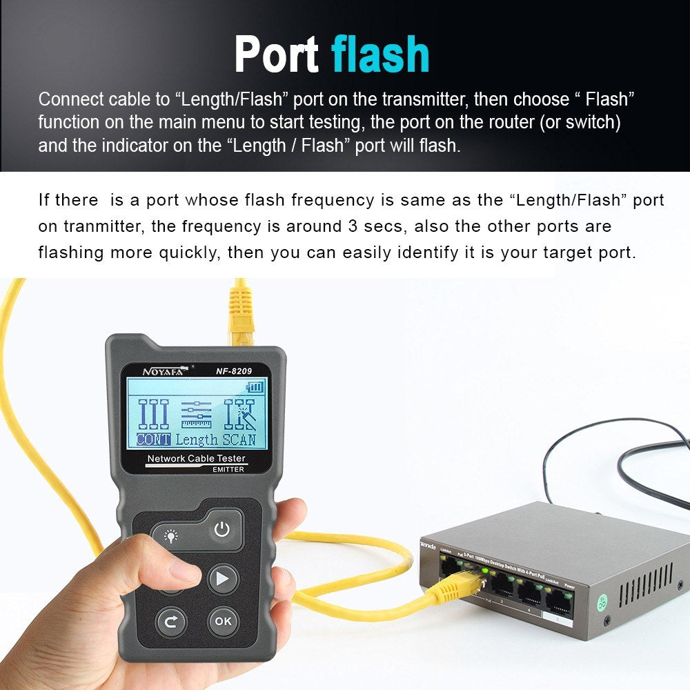 Multi-Functional LCD Network Cable & PoE Tester with Inline Voltage/Current Checker and Illuminated Wire Tracker