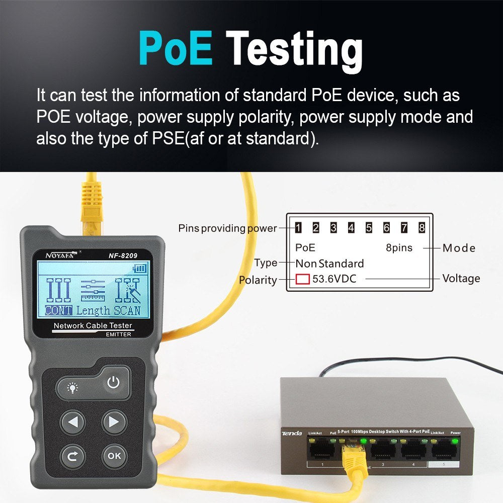 Multi-Functional LCD Network Cable & PoE Tester with Inline Voltage/Current Checker and Illuminated Wire Tracker