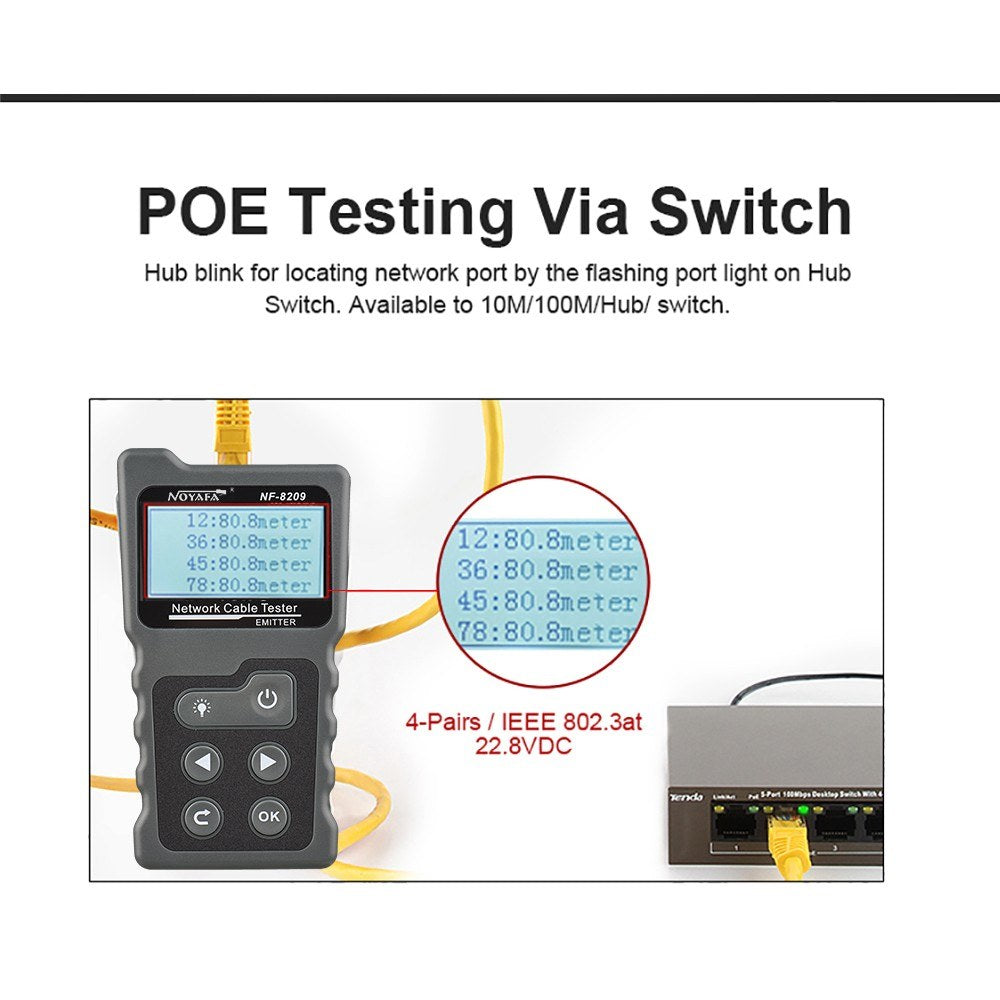 Multi-Functional LCD Network Cable & PoE Tester with Inline Voltage/Current Checker and Illuminated Wire Tracker