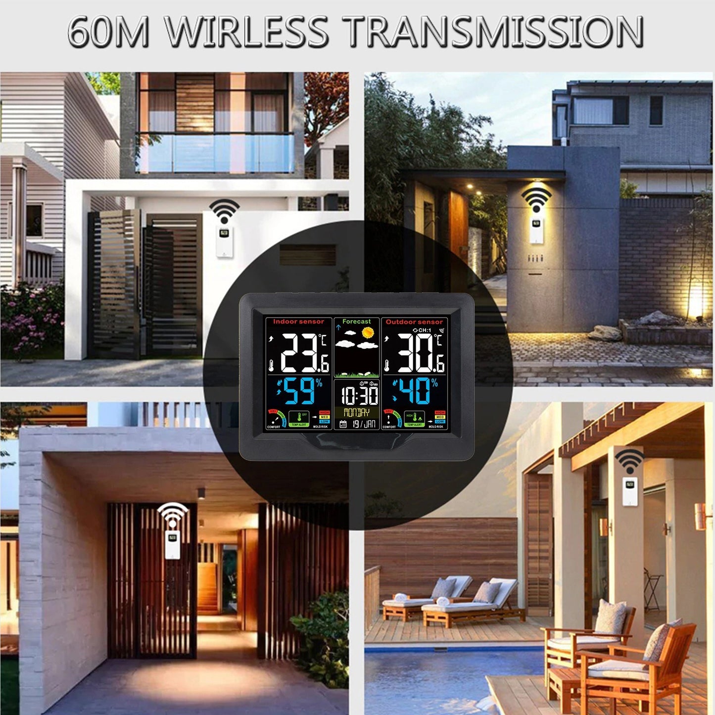 Color Screen Wireless Weather Station Clock with RF Transmitter - Indoor/Outdoor Temperature & Humidity Monitor