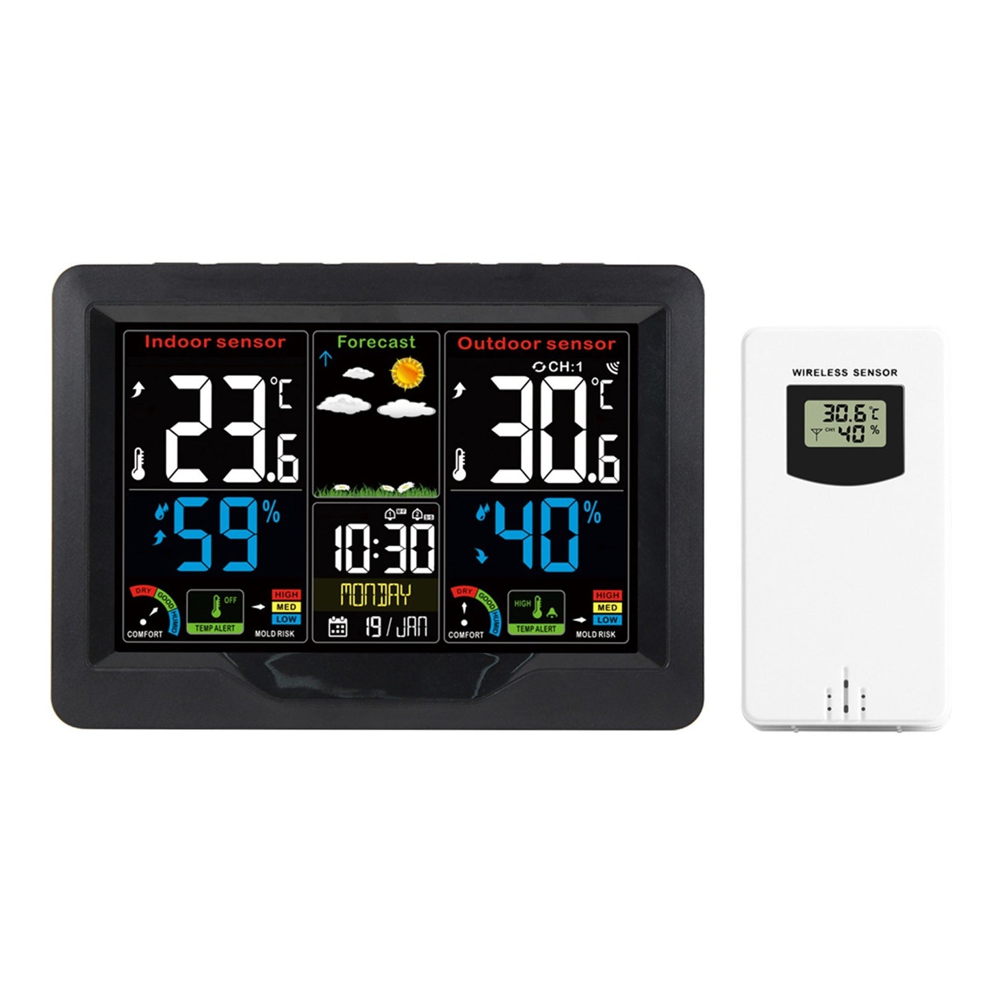Color Screen Wireless Weather Station Clock with RF Transmitter - Indoor/Outdoor Temperature & Humidity Monitor