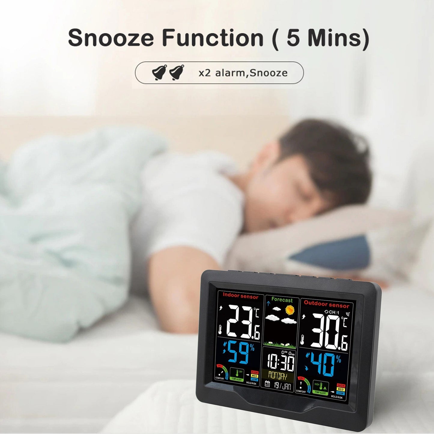 Color Screen Wireless Weather Station Clock with RF Transmitter - Indoor/Outdoor Temperature & Humidity Monitor
