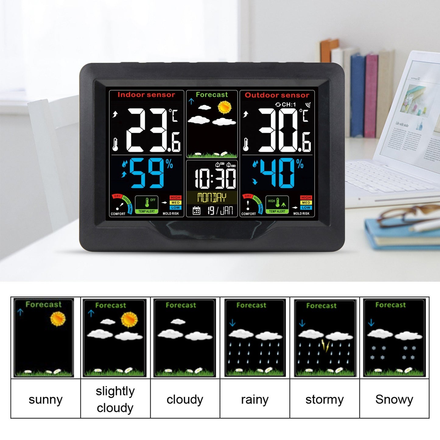 Color Screen Wireless Weather Station Clock with RF Transmitter - Indoor/Outdoor Temperature & Humidity Monitor