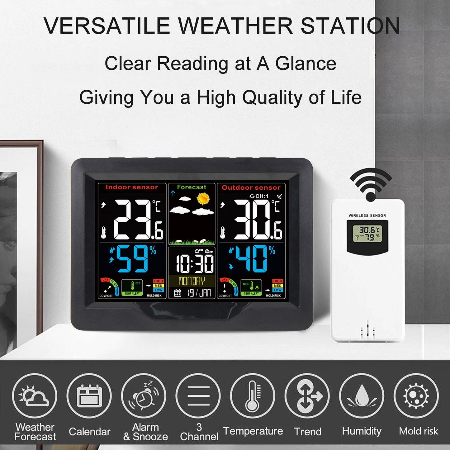 Color Screen Wireless Weather Station Clock with RF Transmitter - Indoor/Outdoor Temperature & Humidity Monitor