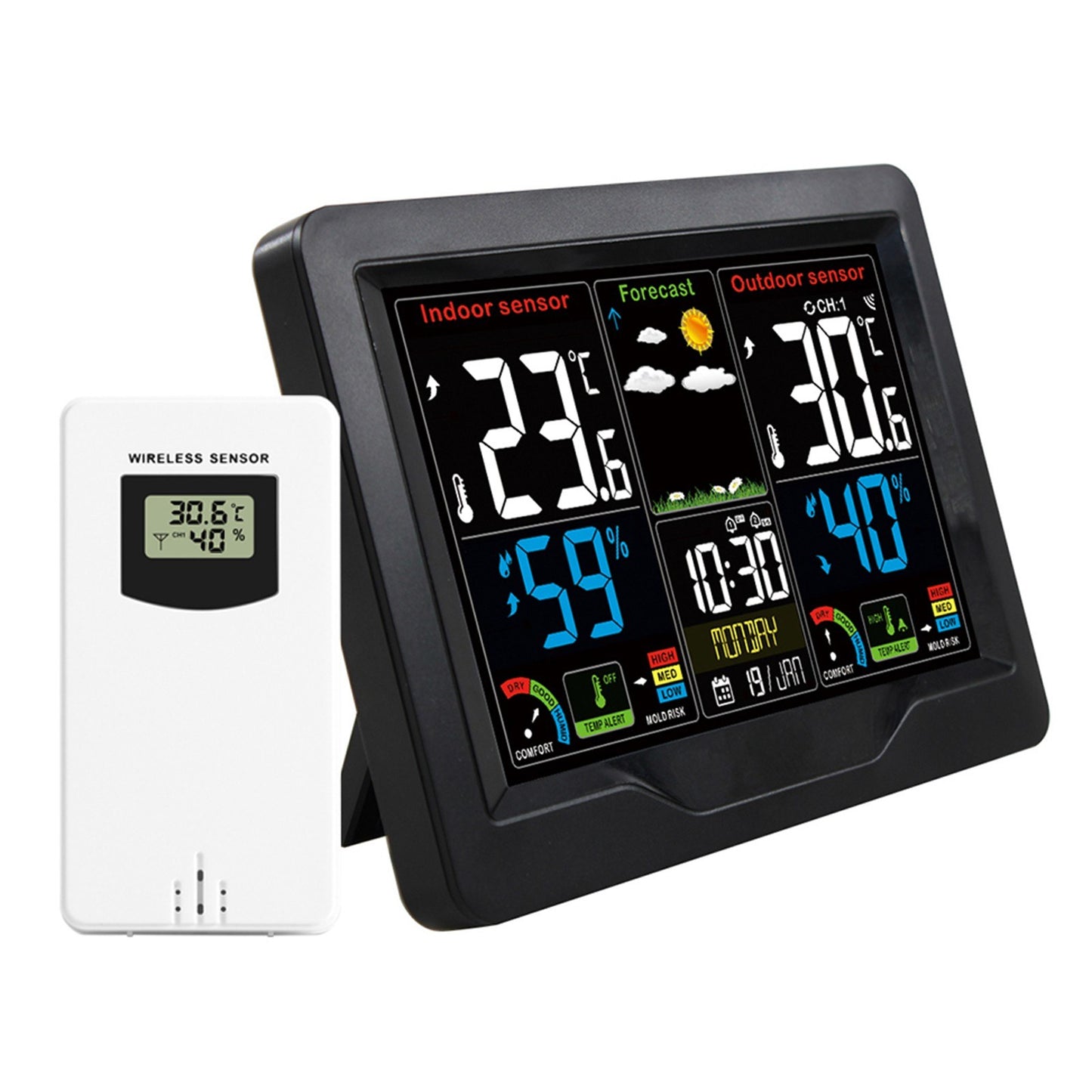 Color Screen Wireless Weather Station Clock with RF Transmitter - Indoor/Outdoor Temperature & Humidity Monitor
