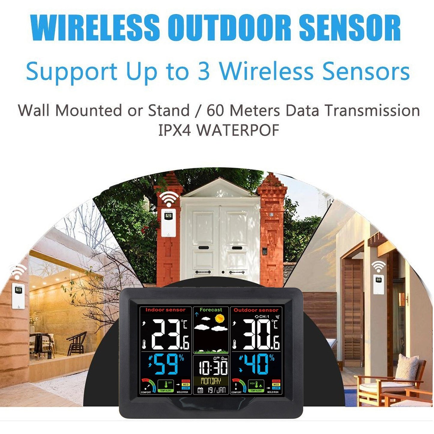 Color Screen Wireless Weather Station Clock with RF Transmitter - Indoor/Outdoor Temperature & Humidity Monitor