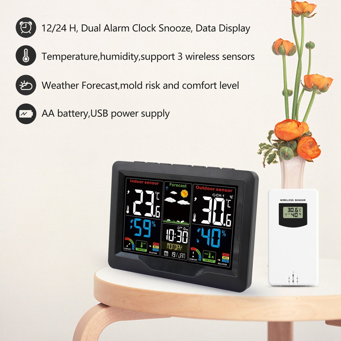 Color Screen Wireless Weather Station Clock with RF Transmitter - Indoor/Outdoor Temperature & Humidity Monitor