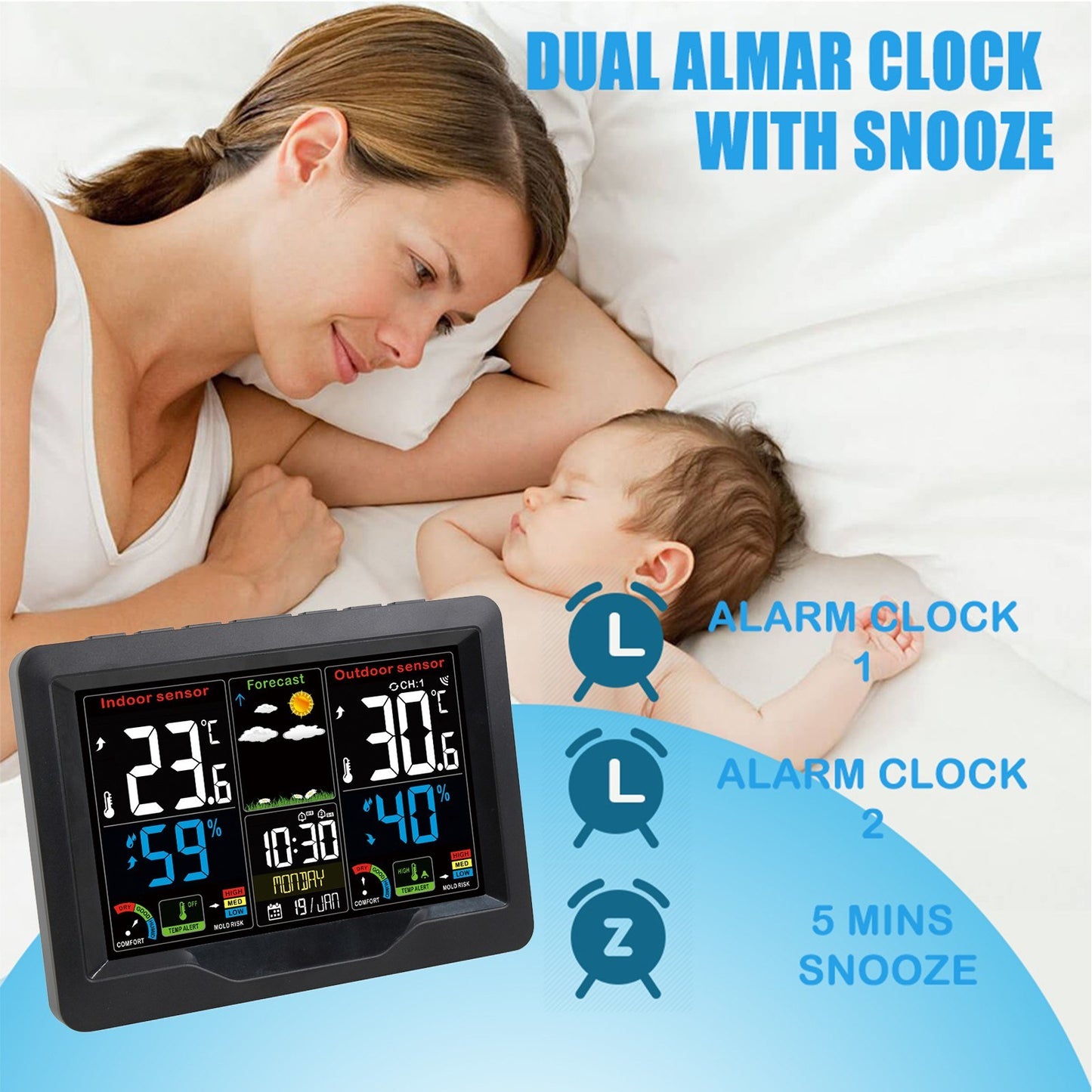 Color Screen Wireless Weather Station Clock with RF Transmitter - Indoor/Outdoor Temperature & Humidity Monitor