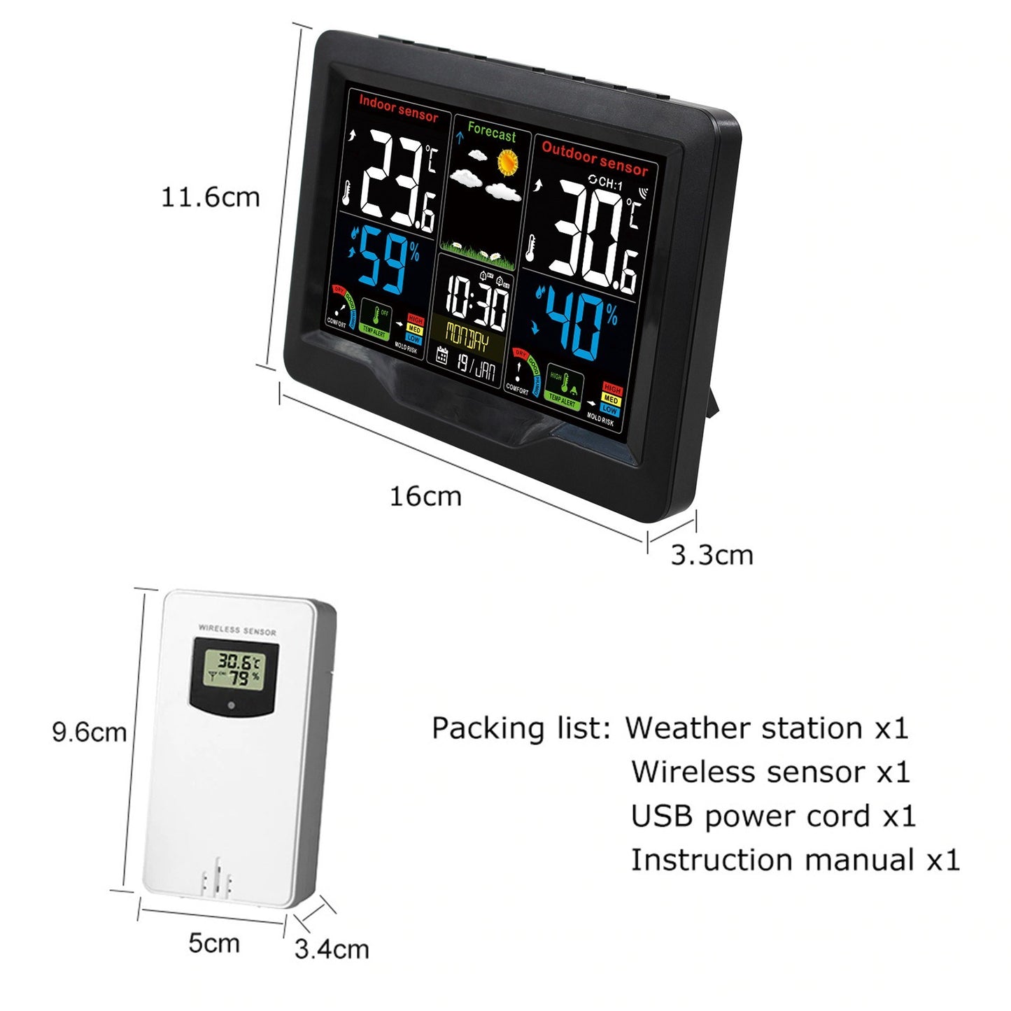 Color Screen Wireless Weather Station Clock with RF Transmitter - Indoor/Outdoor Temperature & Humidity Monitor