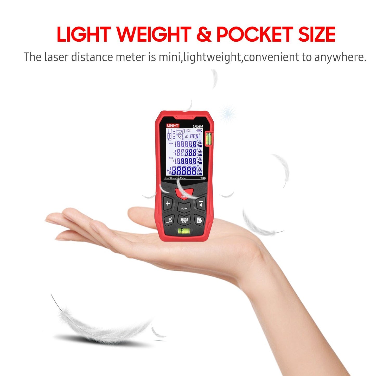 UNI-T LM50A 50M Laser Distance Meter with Bubble Levels, LCD Backlit Display, Pythagorean Mode, Mute, 99 Data Storage, Carrying Bag