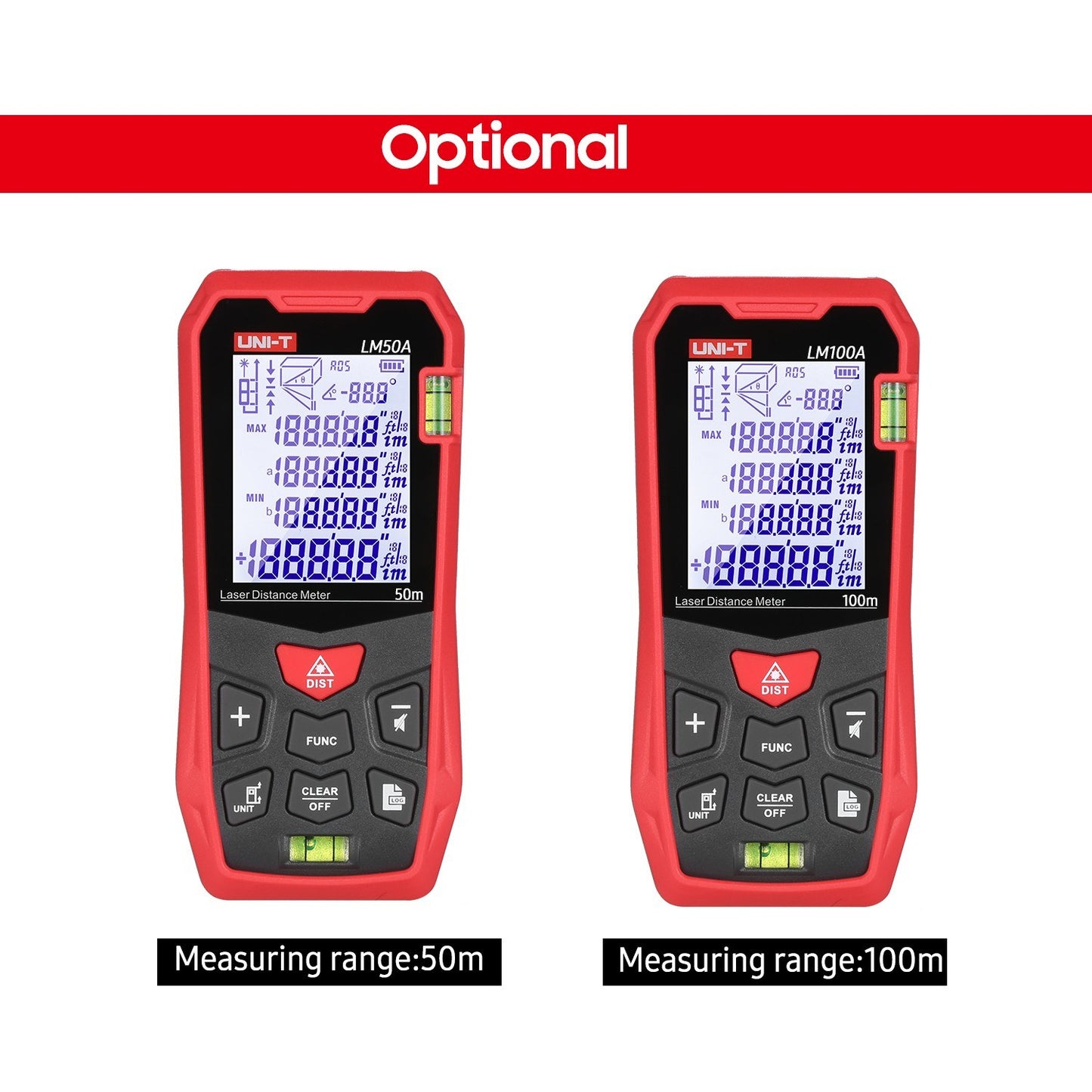 UNI-T LM50A 50M Laser Distance Meter with Bubble Levels, LCD Backlit Display, Pythagorean Mode, Mute, 99 Data Storage, Carrying Bag