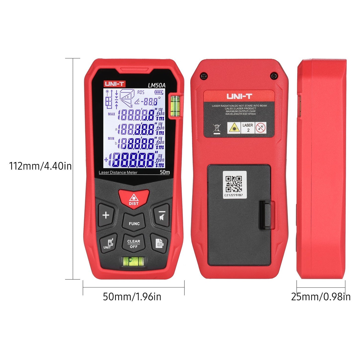 UNI-T LM50A 50M Laser Distance Meter with Bubble Levels, LCD Backlit Display, Pythagorean Mode, Mute, 99 Data Storage, Carrying Bag