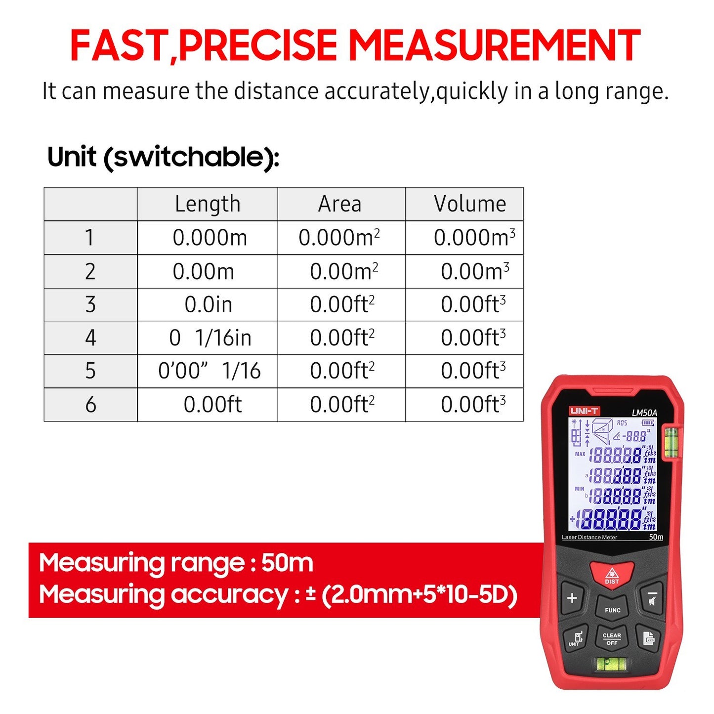 UNI-T LM50A 50M Laser Distance Meter with Bubble Levels, LCD Backlit Display, Pythagorean Mode, Mute, 99 Data Storage, Carrying Bag