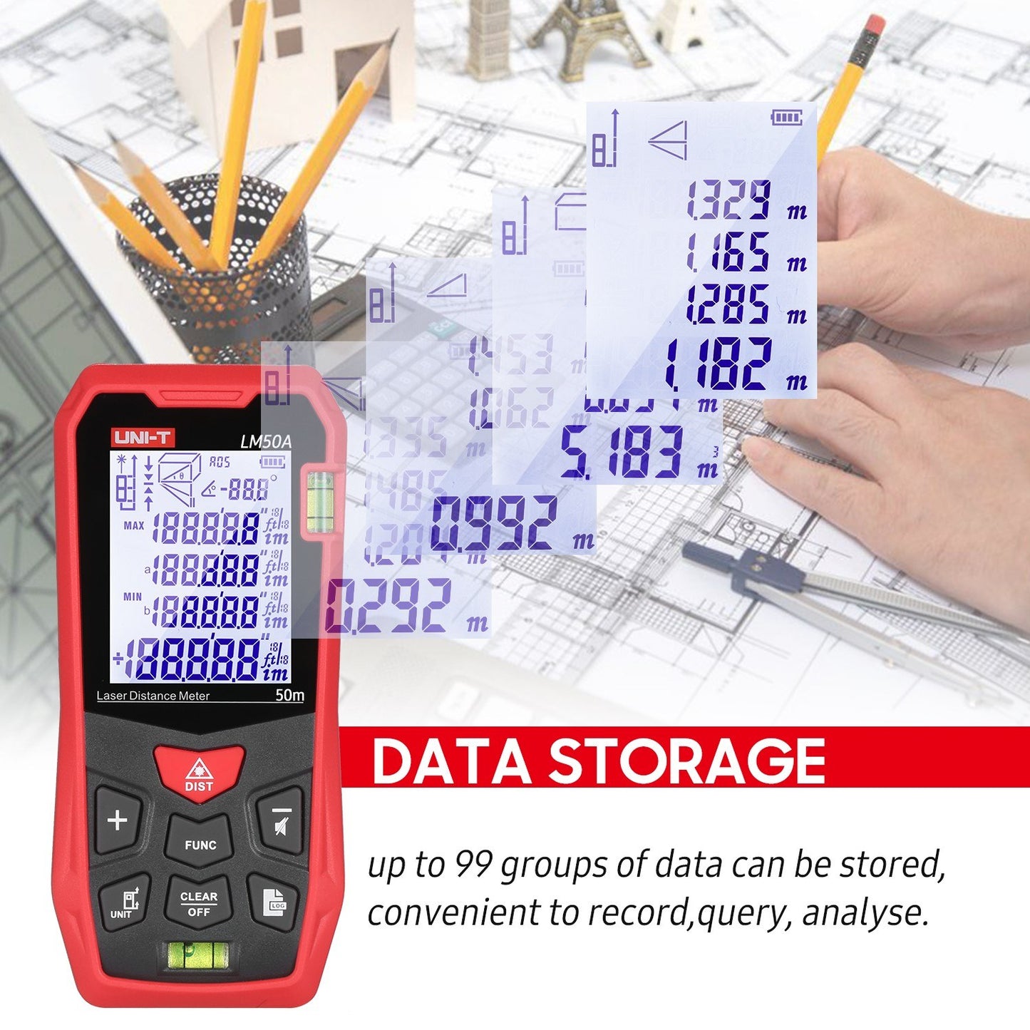 UNI-T LM50A 50M Laser Distance Meter with Bubble Levels, LCD Backlit Display, Pythagorean Mode, Mute, 99 Data Storage, Carrying Bag