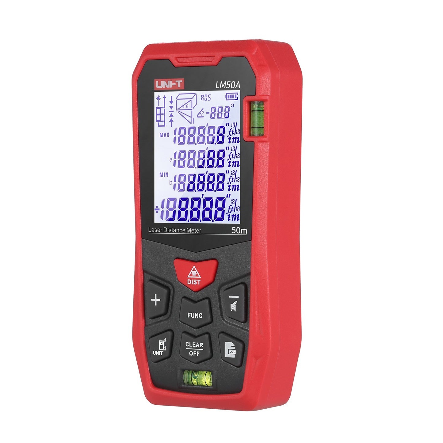 UNI-T LM50A 50M Laser Distance Meter with Bubble Levels, LCD Backlit Display, Pythagorean Mode, Mute, 99 Data Storage, Carrying Bag