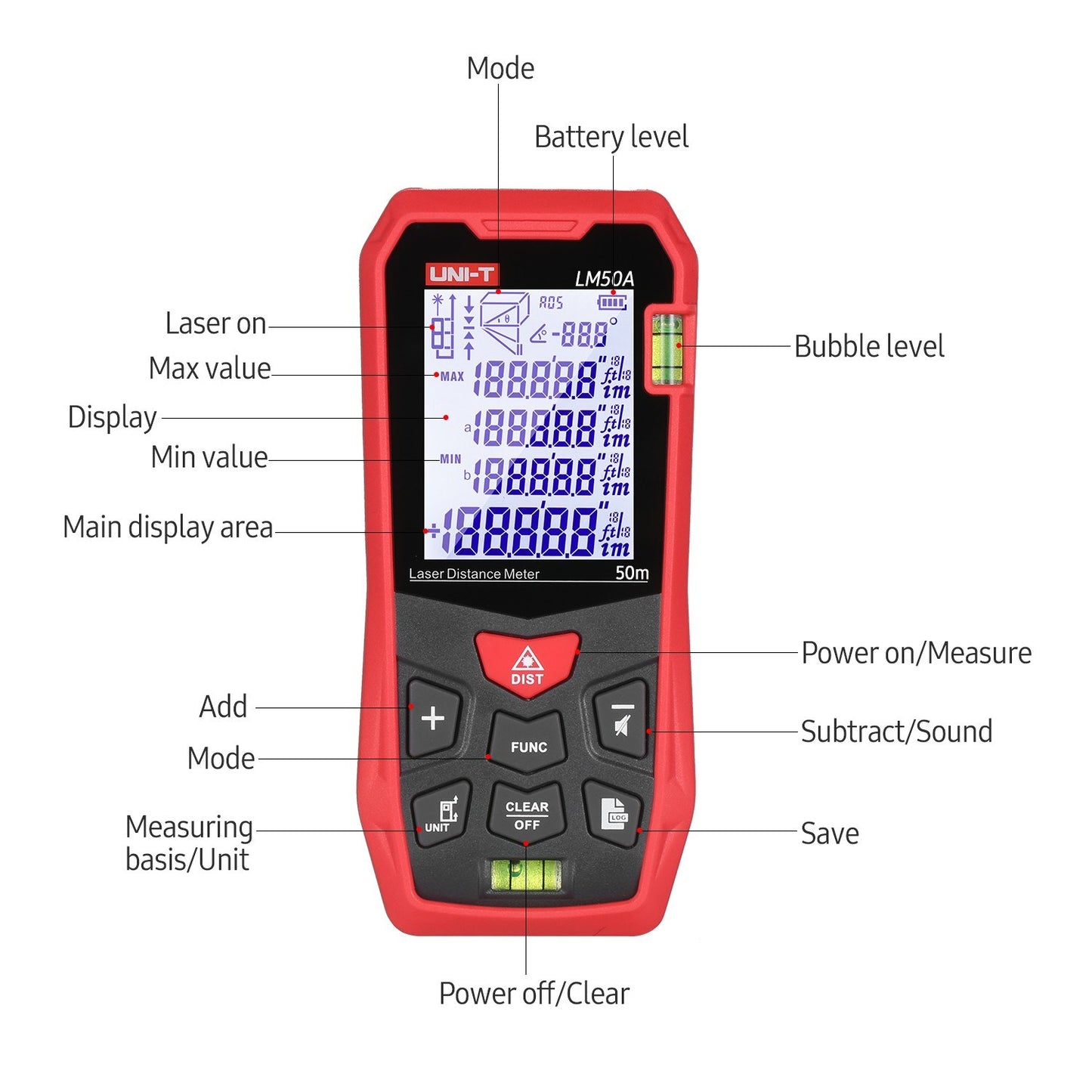 UNI-T LM50A 50M Laser Distance Meter with Bubble Levels, LCD Backlit Display, Pythagorean Mode, Mute, 99 Data Storage, Carrying Bag