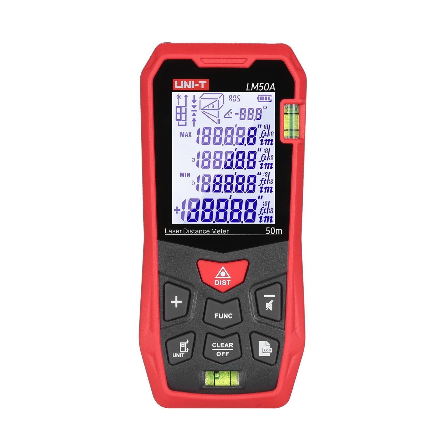 UNI-T LM50A 50M Laser Distance Meter with Bubble Levels, LCD Backlit Display, Pythagorean Mode, Mute, 99 Data Storage, Carrying Bag