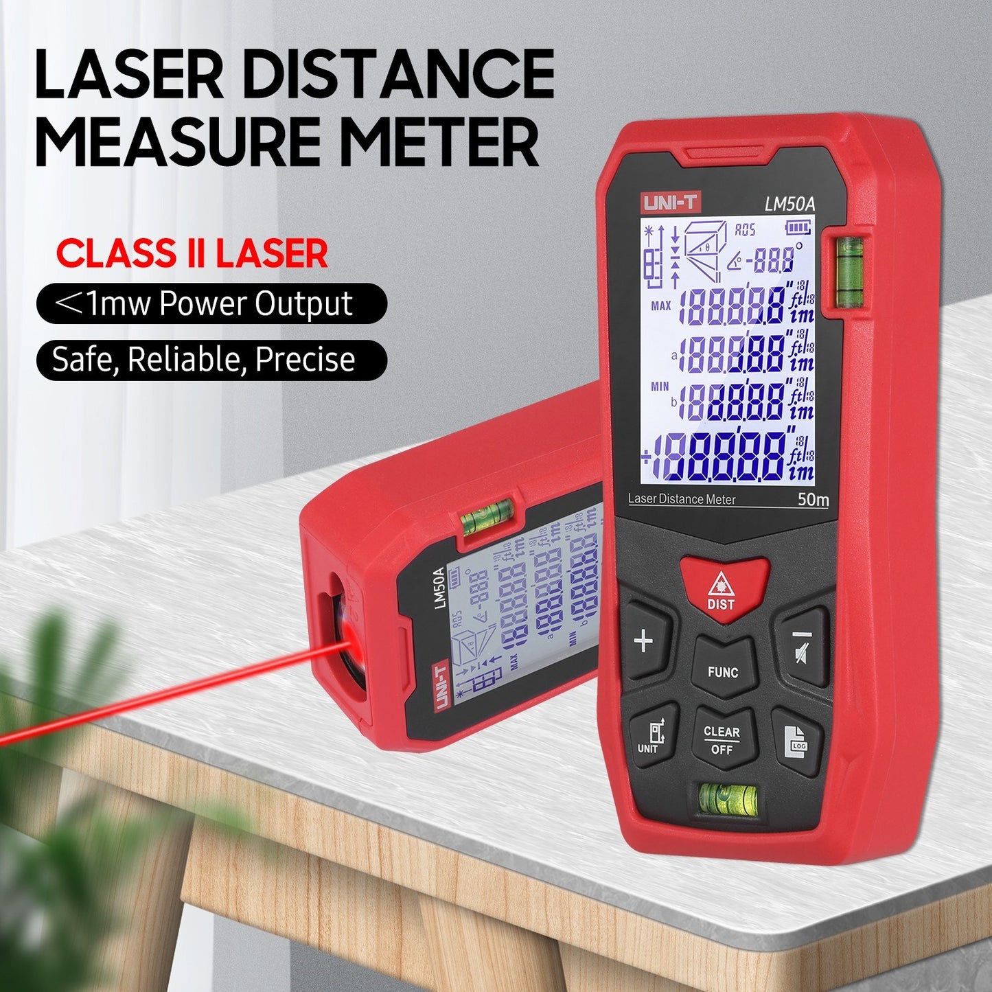 UNI-T LM50A 50M Laser Distance Meter with Bubble Levels, LCD Backlit Display, Pythagorean Mode, Mute, 99 Data Storage, Carrying Bag