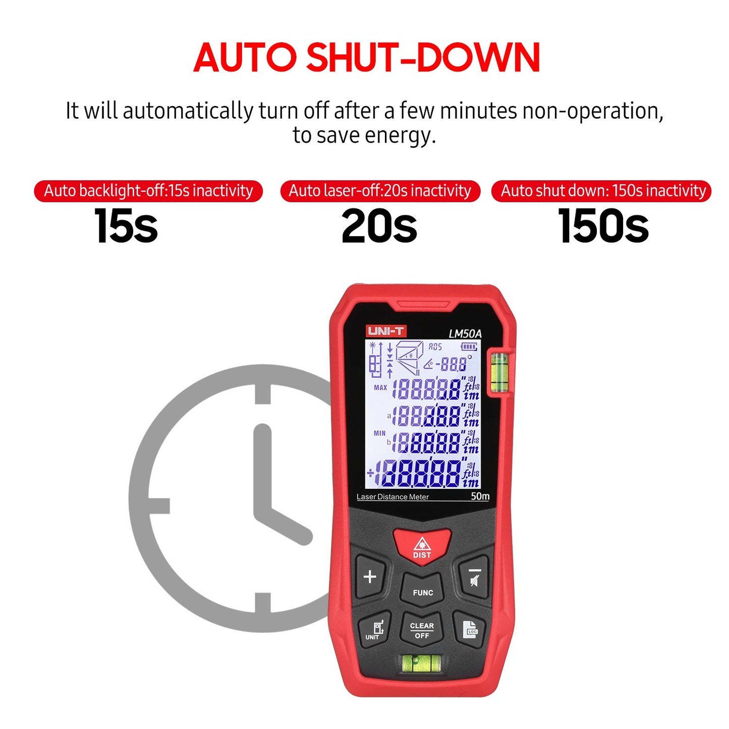 UNI-T LM50A 50M Laser Distance Meter with Bubble Levels, LCD Backlit Display, Pythagorean Mode, Mute, 99 Data Storage, Carrying Bag