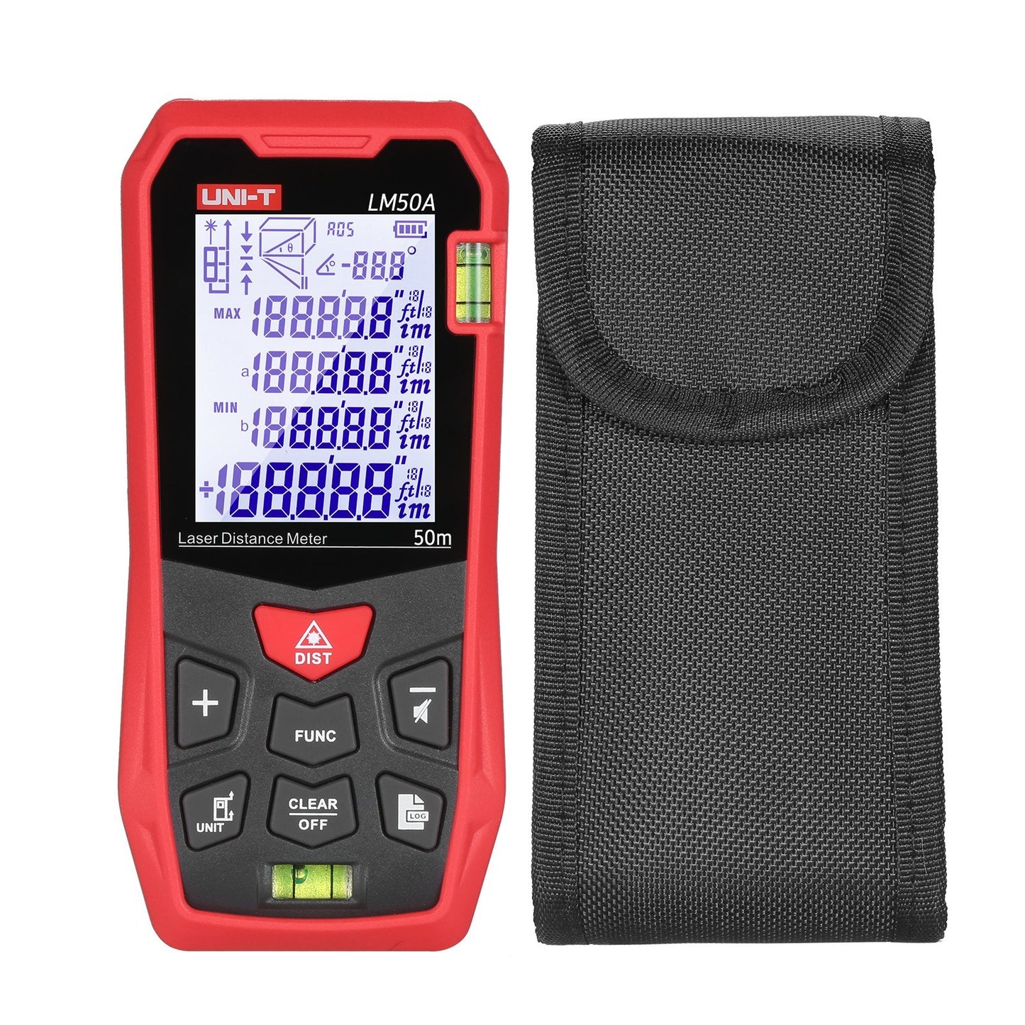 UNI-T LM50A 50M Laser Distance Meter with Bubble Levels, LCD Backlit Display, Pythagorean Mode, Mute, 99 Data Storage, Carrying Bag