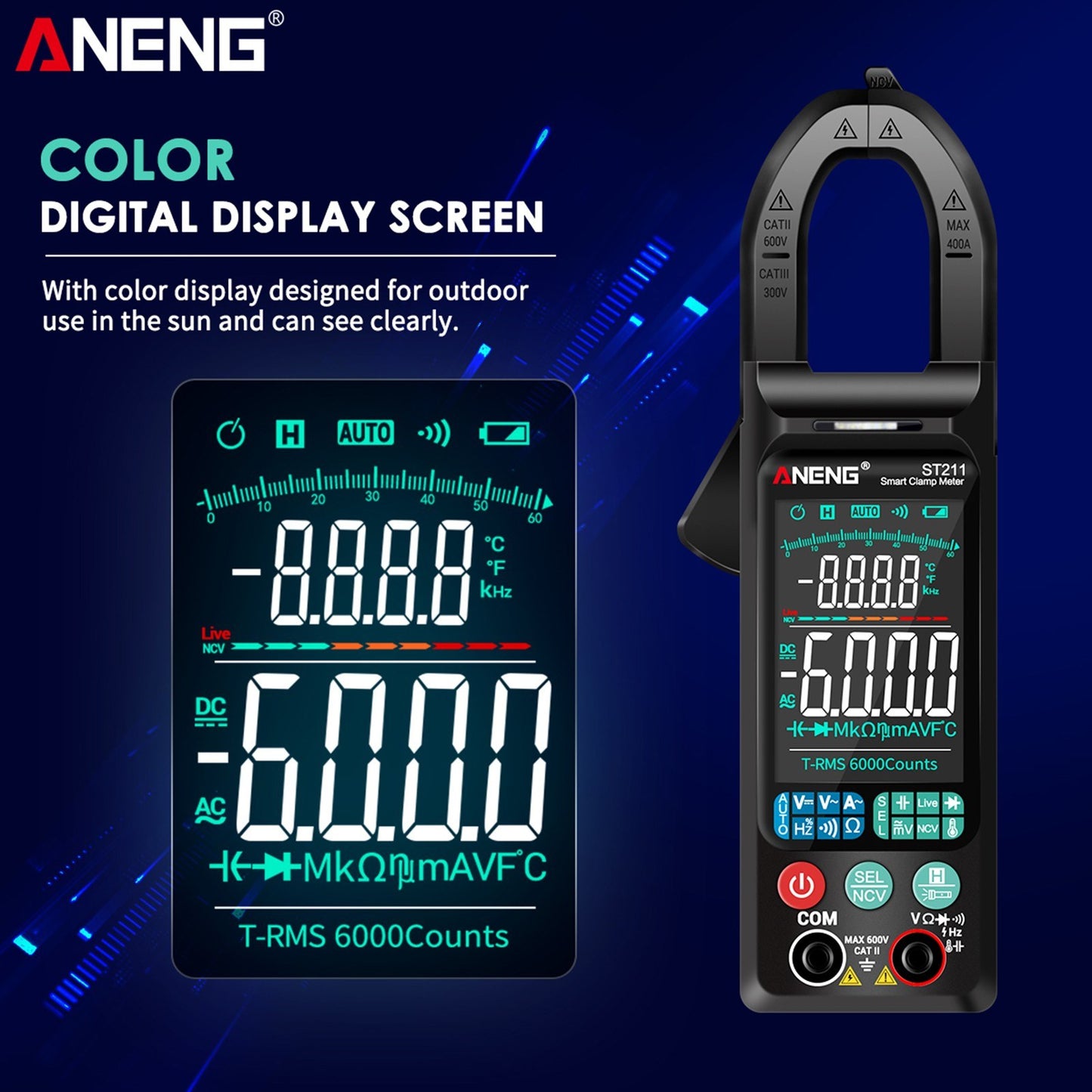 ANENG ST211 Digital AC Current Clamp Meter 400A, 6000 Counts Multimeter with Backlight, NCV Test, Temperature/Capacitance/Diode/Voltage/Resistance/Frequency Meter, Universal Clamp Ammeter, Red