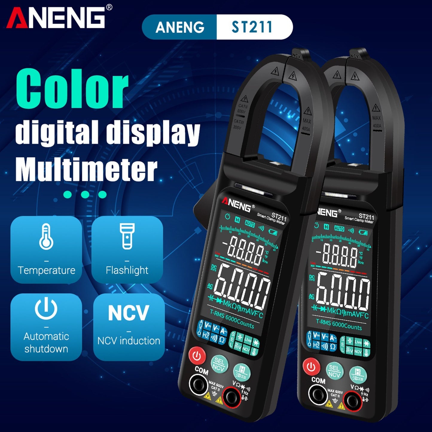 ANENG ST211 Digital AC Current Clamp Meter 400A, 6000 Counts Multimeter with Backlight, NCV Test, Temperature/Capacitance/Diode/Voltage/Resistance/Frequency Meter, Universal Clamp Ammeter, Red